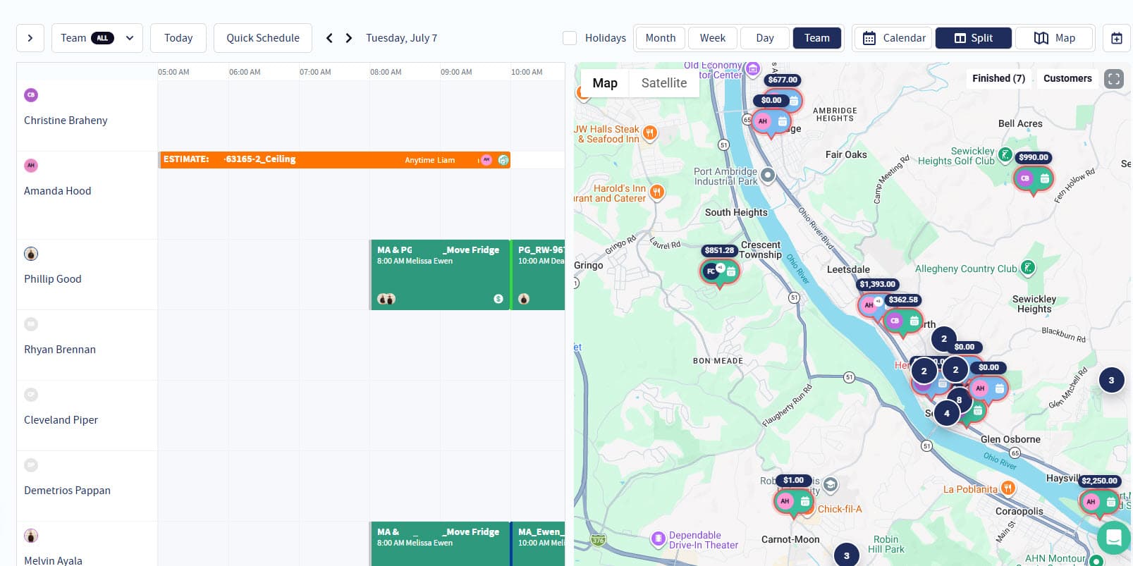 General contracting scheduling and dispatch software showing the crew board beside a live map of the day