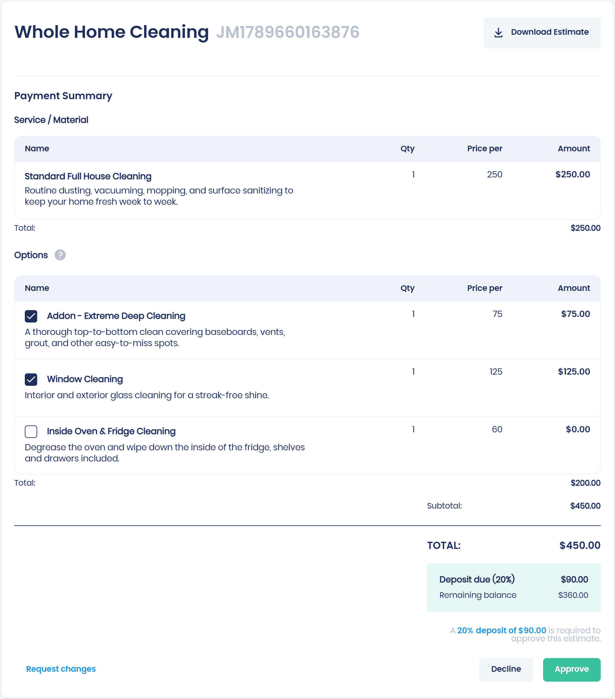 A Servgrow estimate as the customer sees it, with the options they picked and the amount due