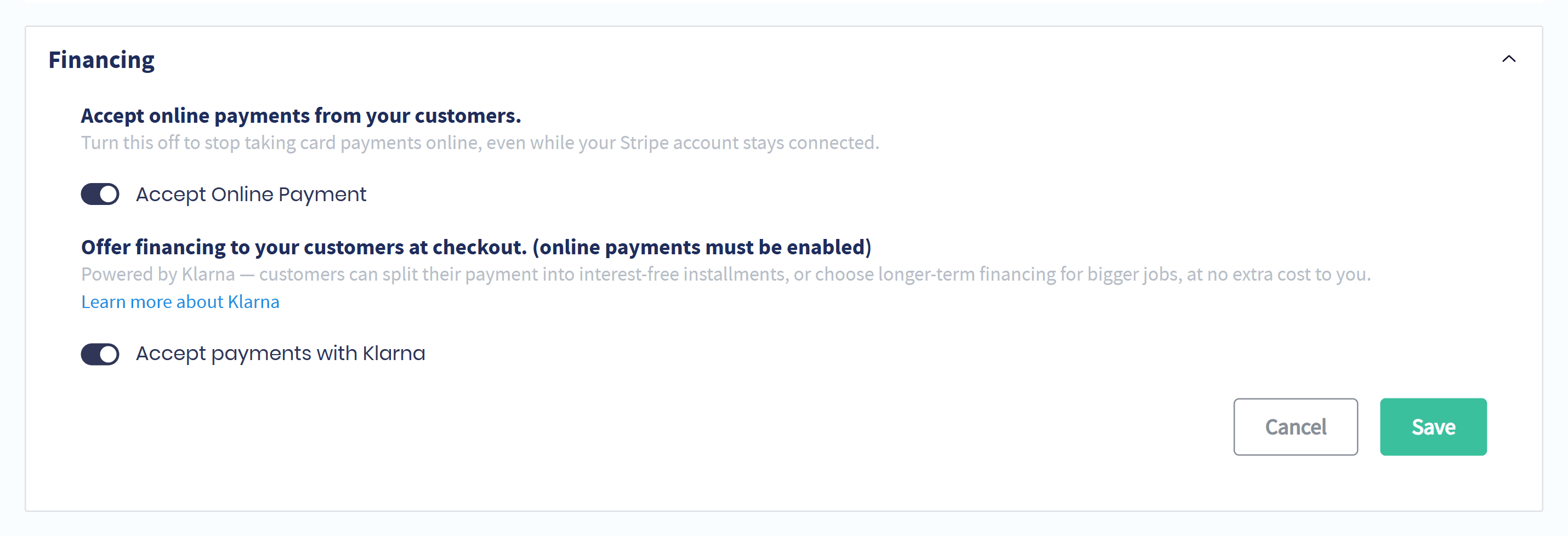 The financing setting in Servgrow: accept payments with Klarna, switched on