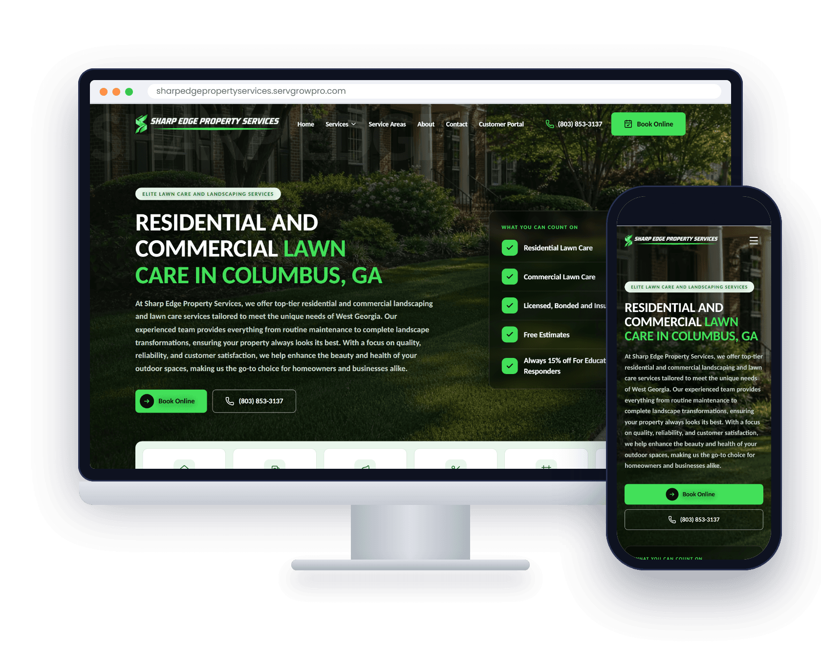 Sharp Edge Property Services' Servgrow Pro website on a desktop and a phone