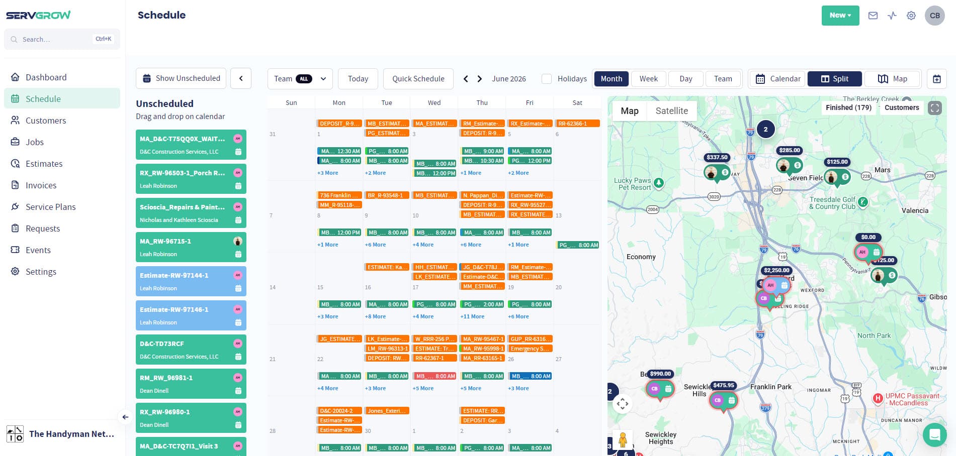 The Servgrow schedule in month view, with unscheduled work ready to drag on and the map beside it