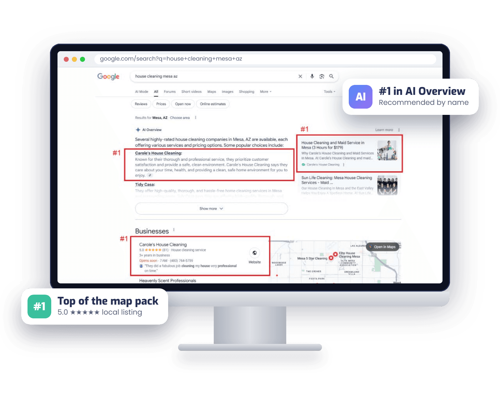 A Google search on a desktop screen with the same house cleaning business ranked #1 in the AI Overview, the top result and the map pack