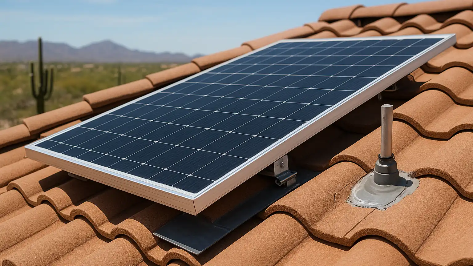 Close-up of a solar panel installation on an Arizona roof showing proper flashing, sealed penetrations, and mounting hardware against desert landscape backdrop.