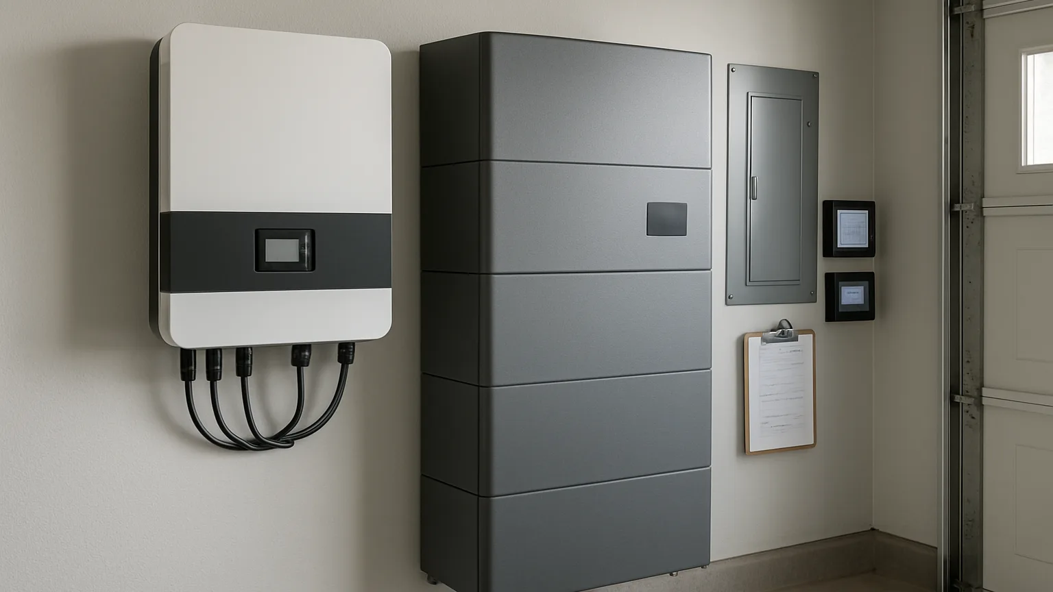Inverter and battery equipment mounted inside a shaded garage or conditioned interior space, with documentation and monitoring displays visible nearby.