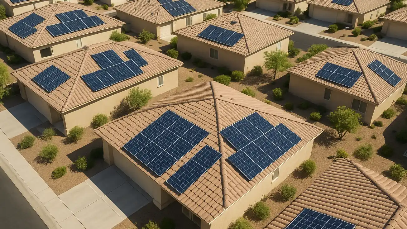 Aerial view of multiple residential rooftops in an Arizona neighborhood, each with completed solar panel arrays of varying sizes and configurations.