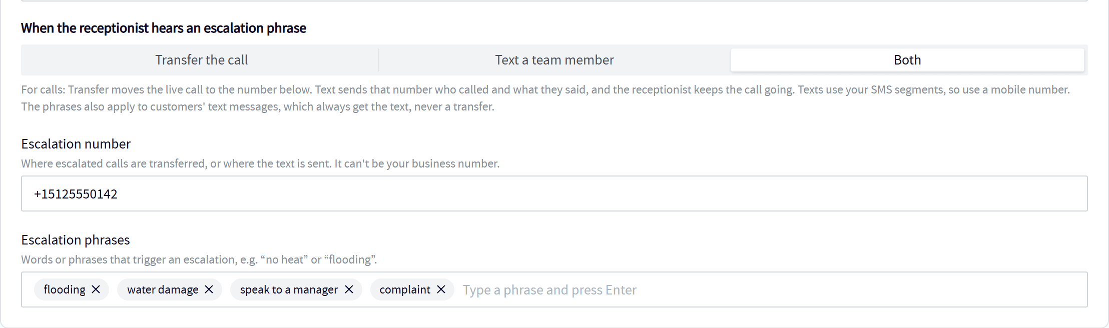 Servgrow AI Receptionist escalation: transfer the call and text a team member when a caller says flooding, water damage, speak to a manager or complaint
