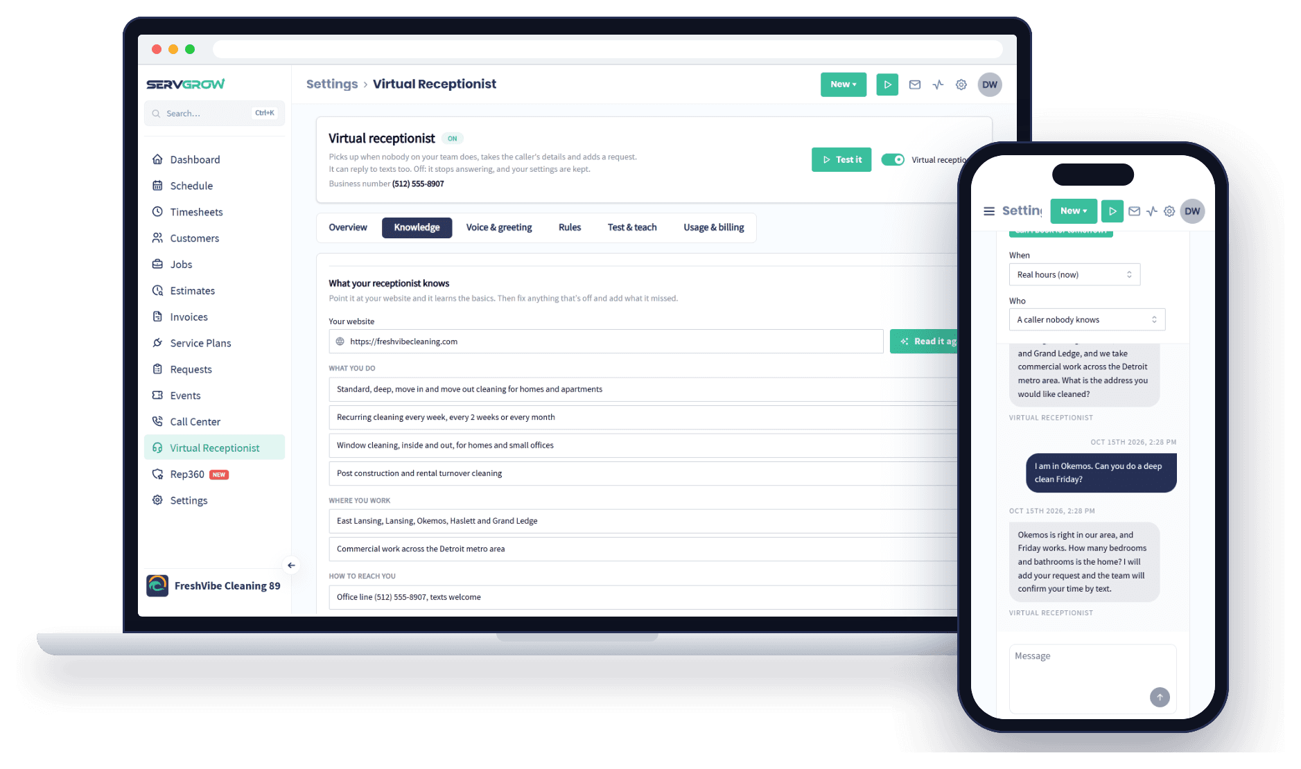 The Servgrow AI Receptionist on a laptop showing what it learned from a cleaning company's website, and a phone with a practice chat