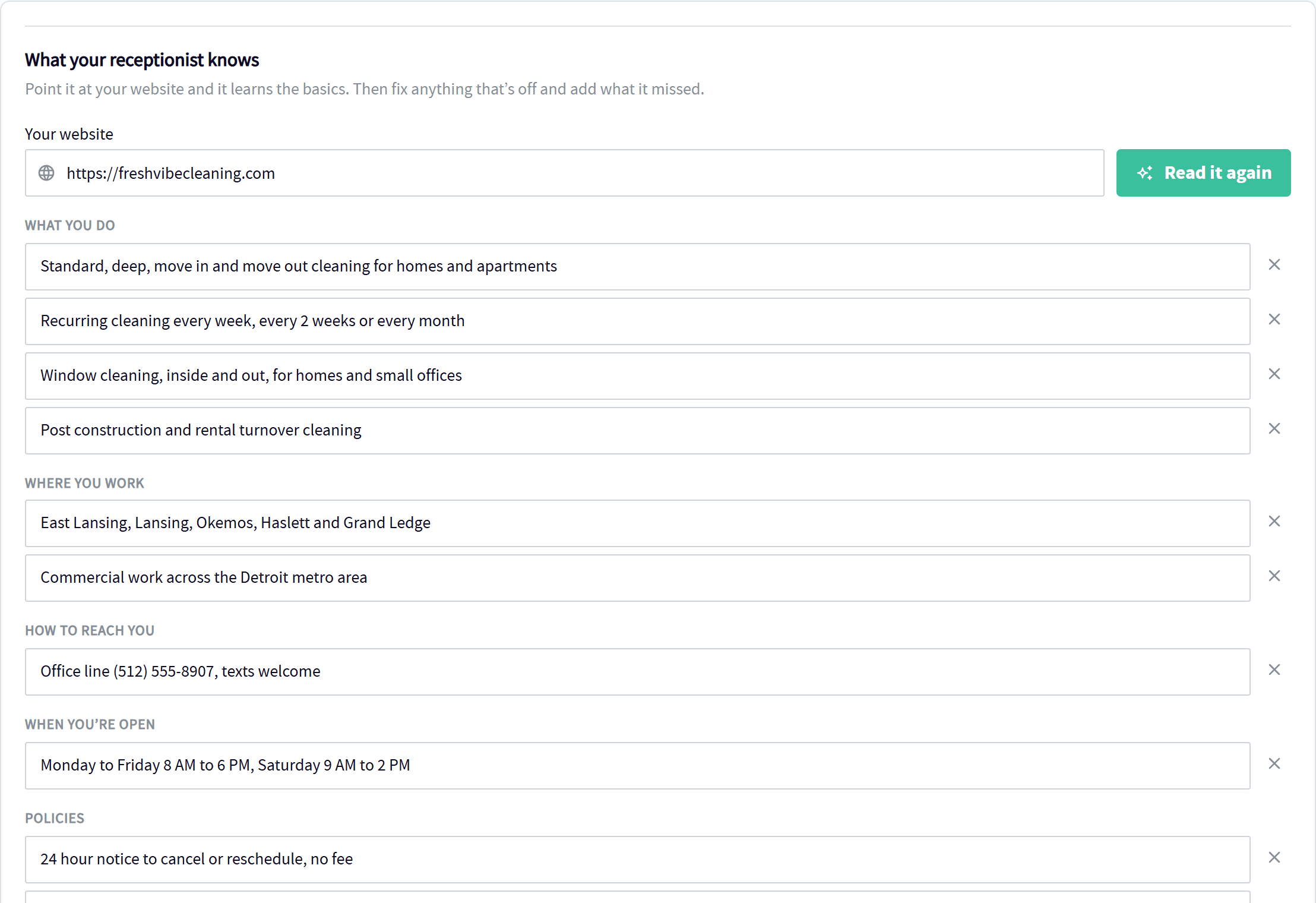 What the Servgrow AI Receptionist learned from a cleaning company's website: services, service area, contact details, hours and policies