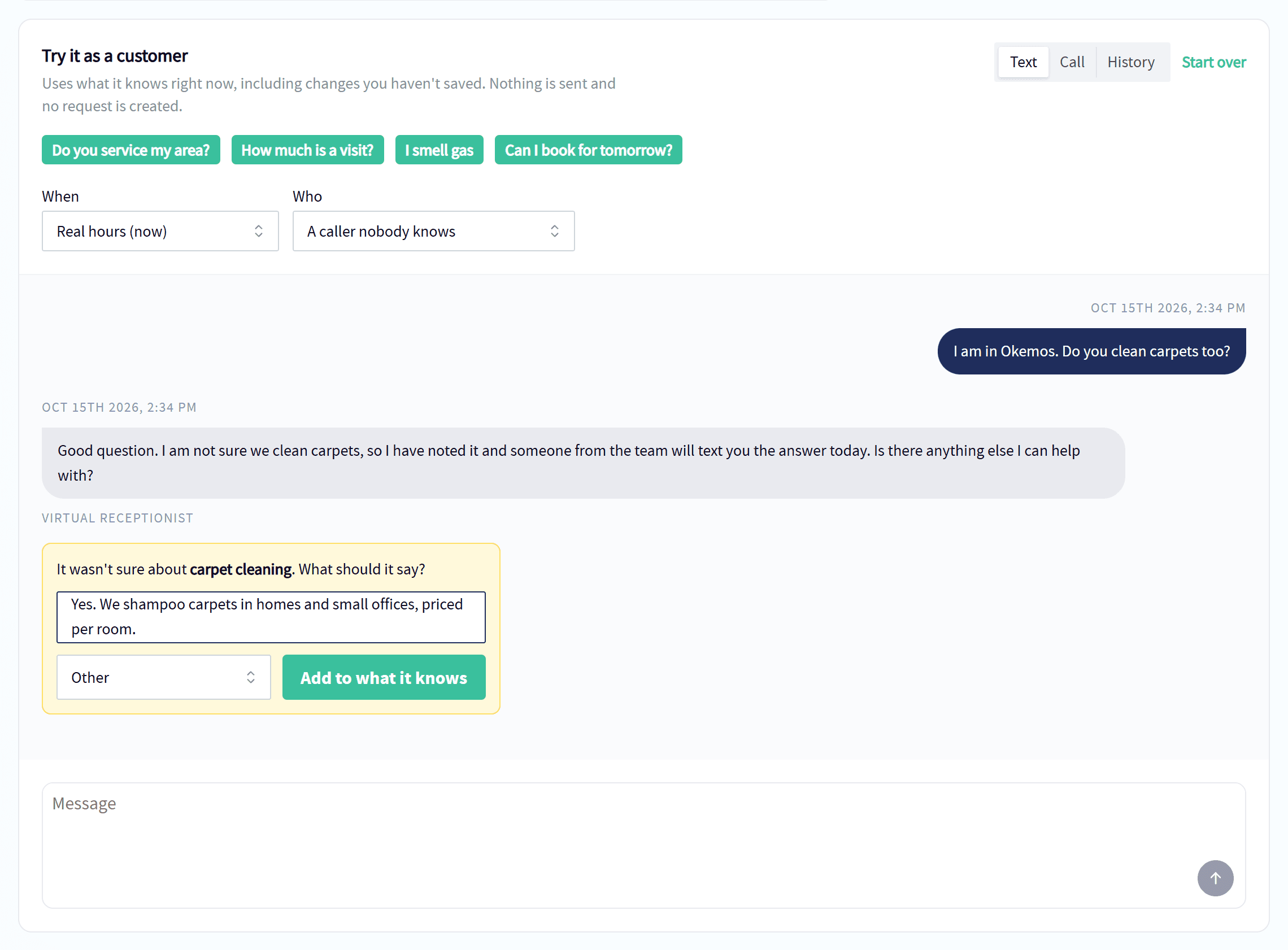 A practice chat with the Servgrow AI Receptionist: it isn't sure about carpet cleaning, and the owner teaches it the answer
