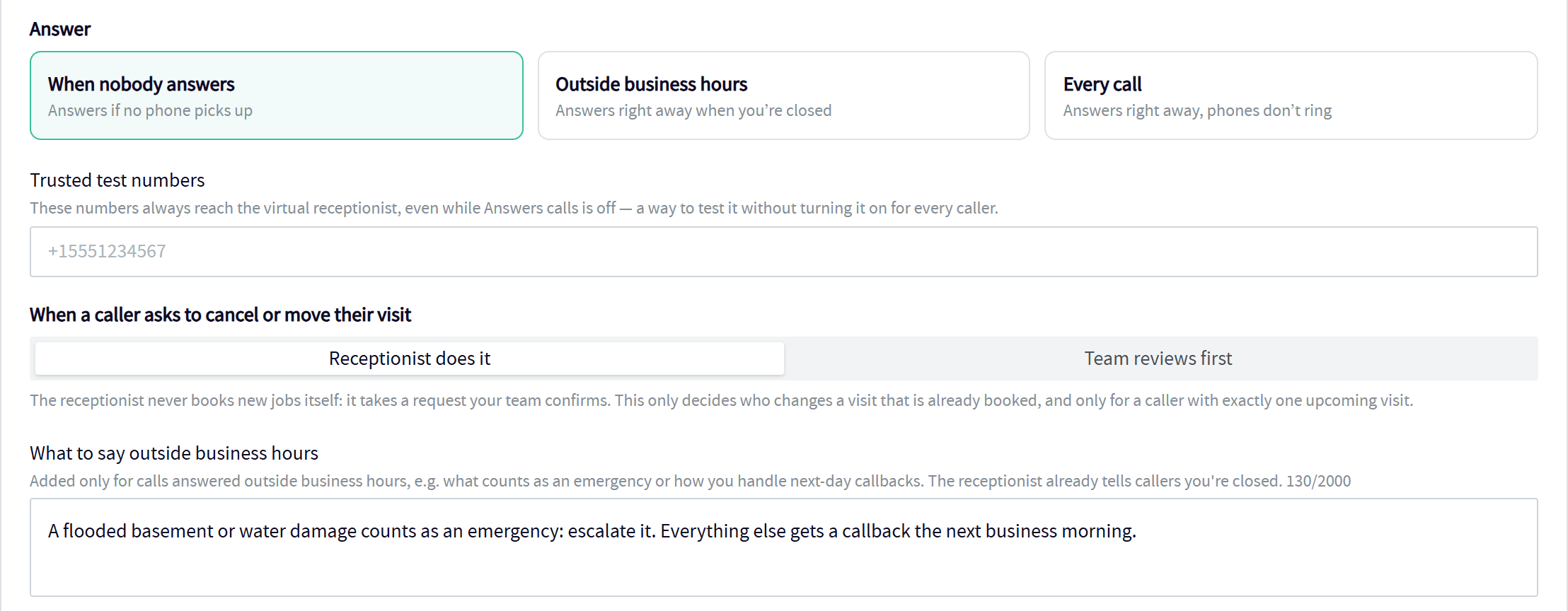 Servgrow AI Receptionist rules: answer when nobody answers, outside business hours or every call, and who changes a booked visit