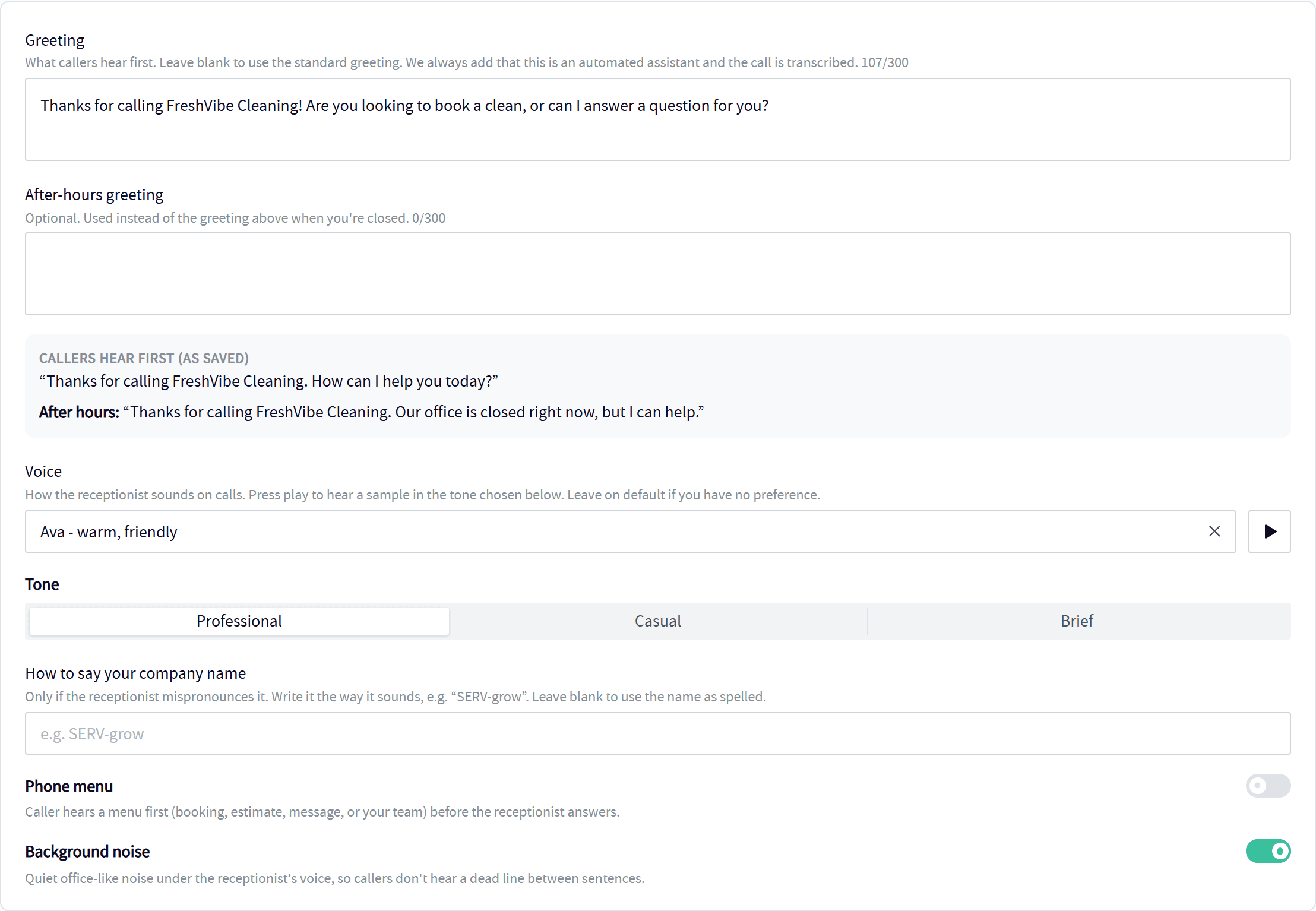 Servgrow AI Receptionist voice and greeting settings: a custom greeting, the voice, a professional tone and quiet background noise