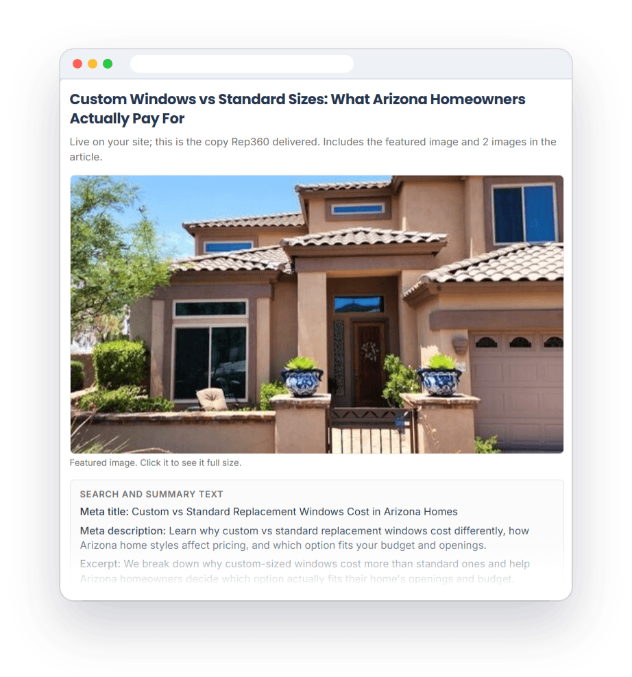An article Servgrow delivered to Affordable Windows of AZ, with its featured photo, meta title, meta description and excerpt