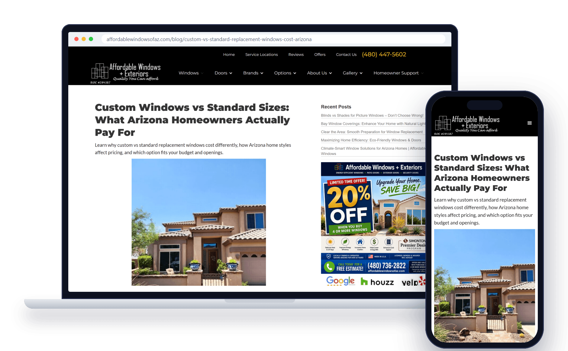 An article written by Servgrow, live on the Affordable Windows + Exteriors website on a laptop and a phone