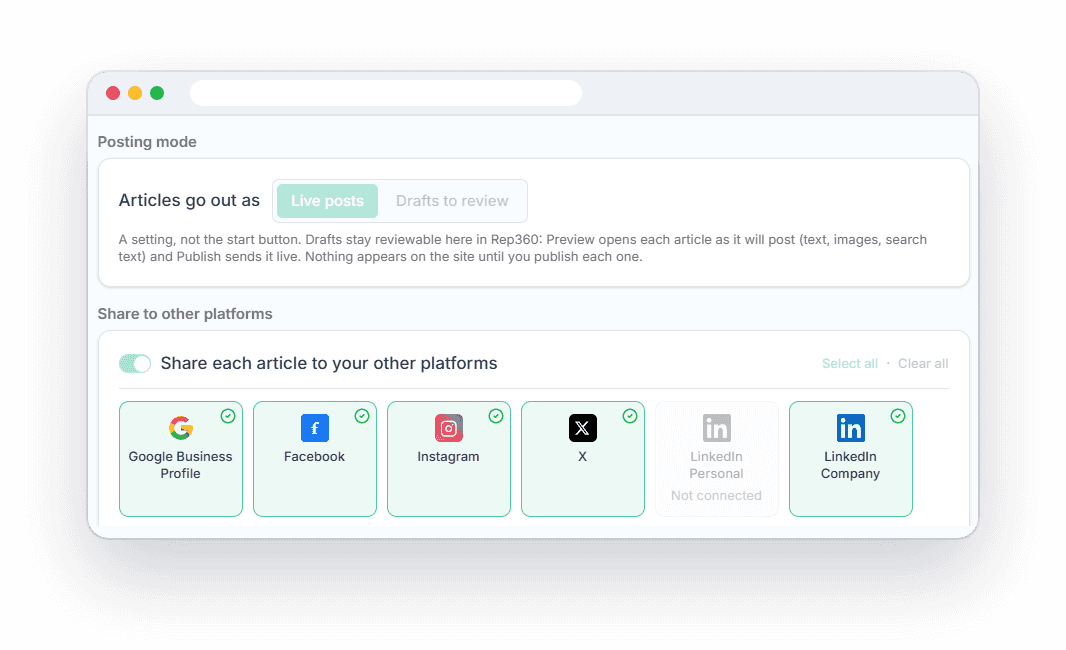 Servgrow set to post articles live and share each one to Google Business Profile, Facebook, Instagram, X and LinkedIn