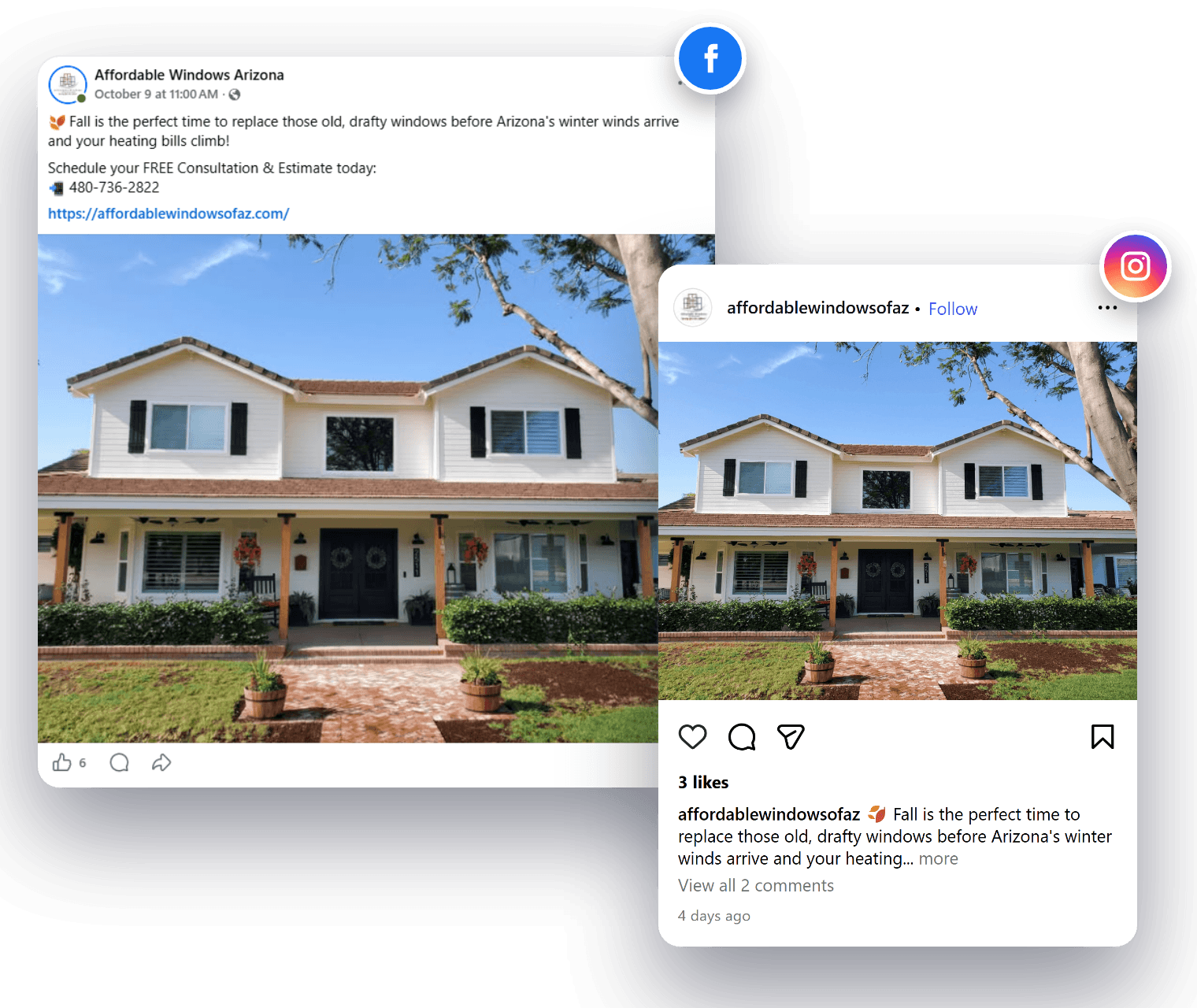One Affordable Windows post, published by Servgrow to their Facebook page and their Instagram