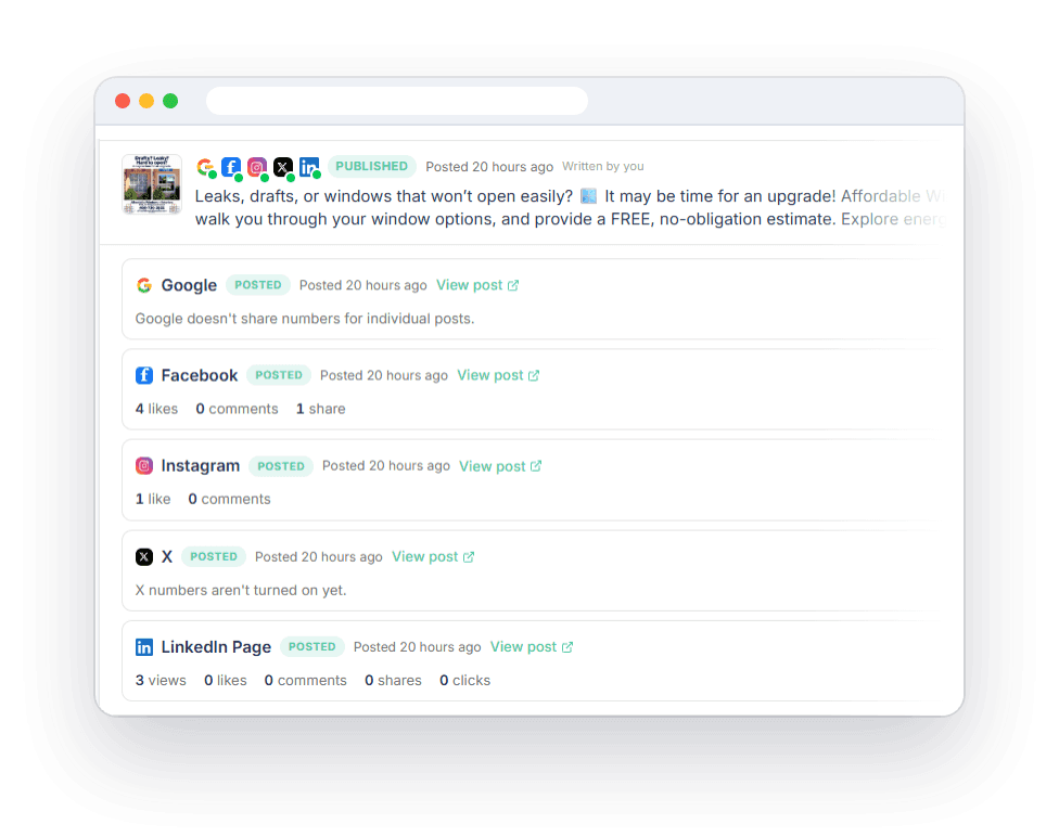One Servgrow post published to Google, Facebook, Instagram, X and LinkedIn, with the likes, shares and views each platform reported