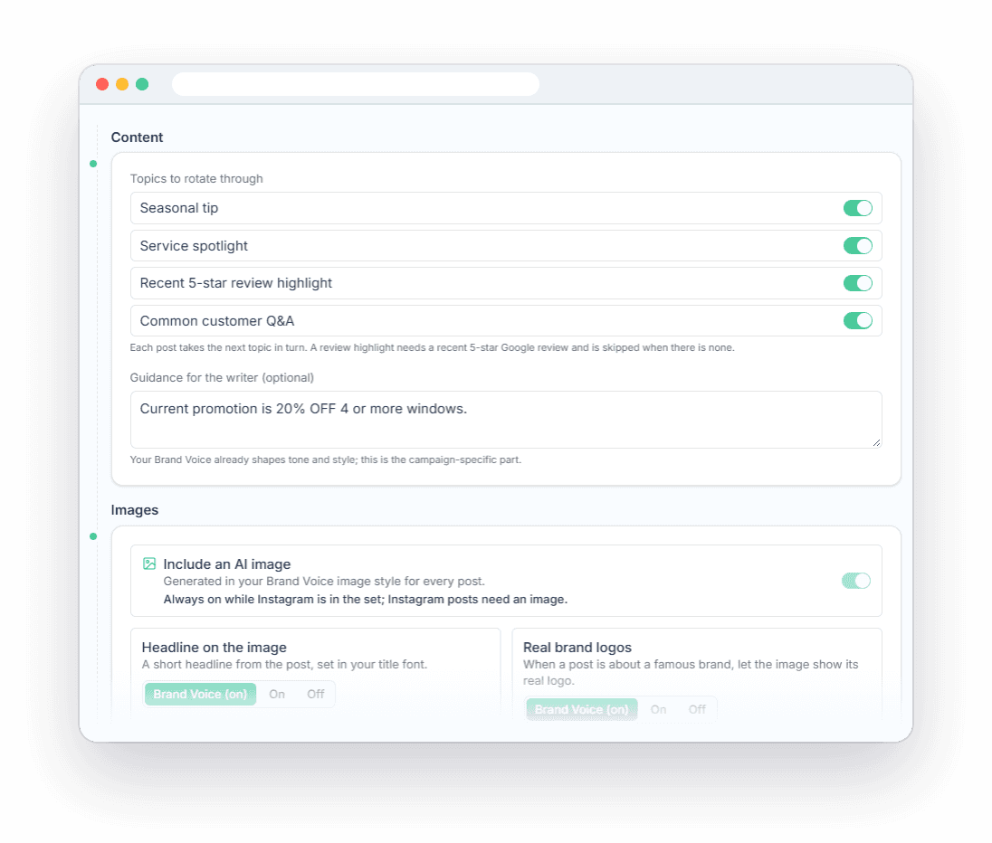 A Servgrow social campaign rotating seasonal tips, service spotlights, five-star review highlights and customer questions, with the current promotion and an AI image for every post