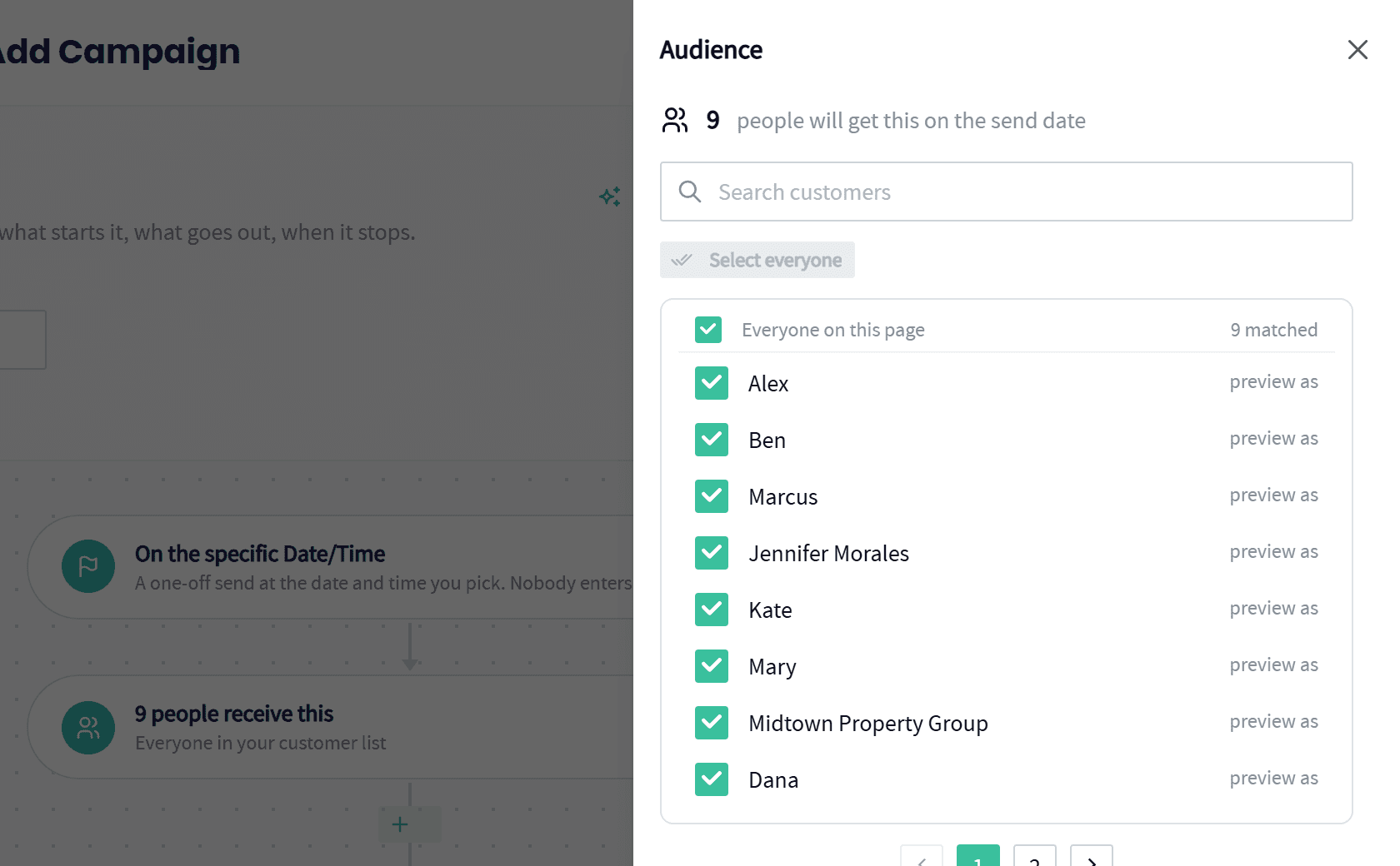 The blast audience in Servgrow: nine customers matched, each with a checkbox and a preview option