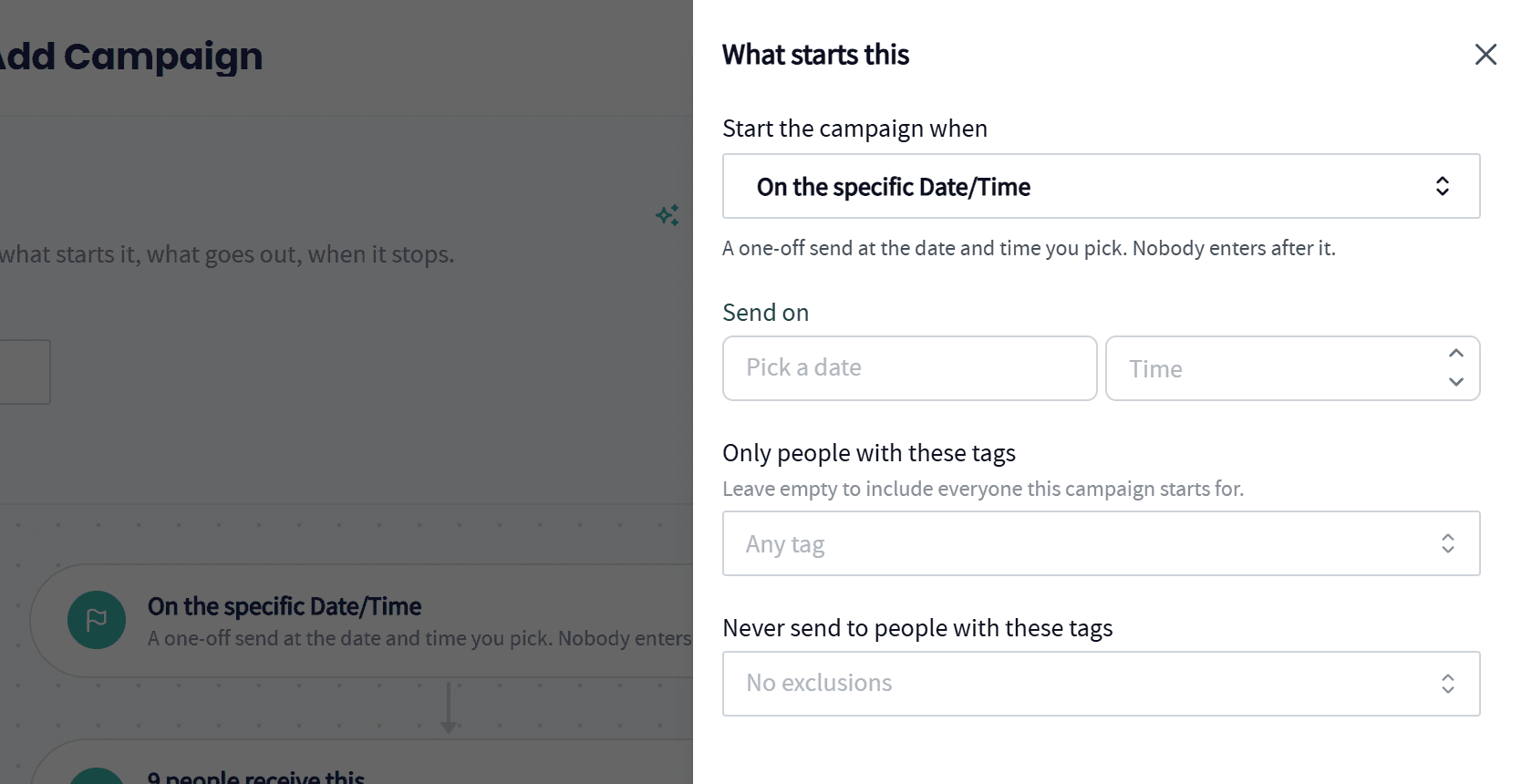 Setting the send date and time for a blast and choosing which customer tags to include and leave out