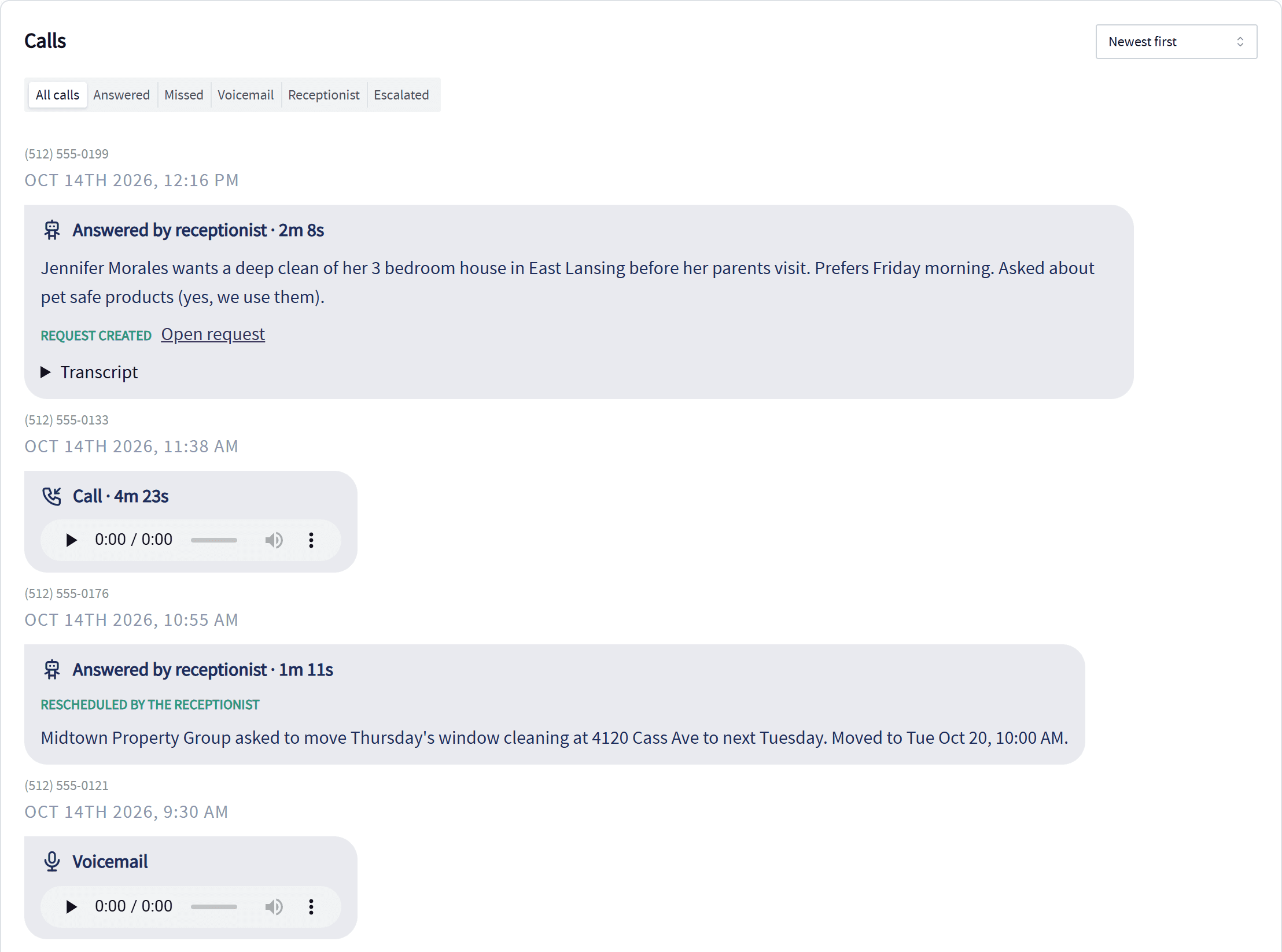 The Servgrow call log: a receptionist call that created a request, a recorded call, a visit the receptionist moved and a voicemail