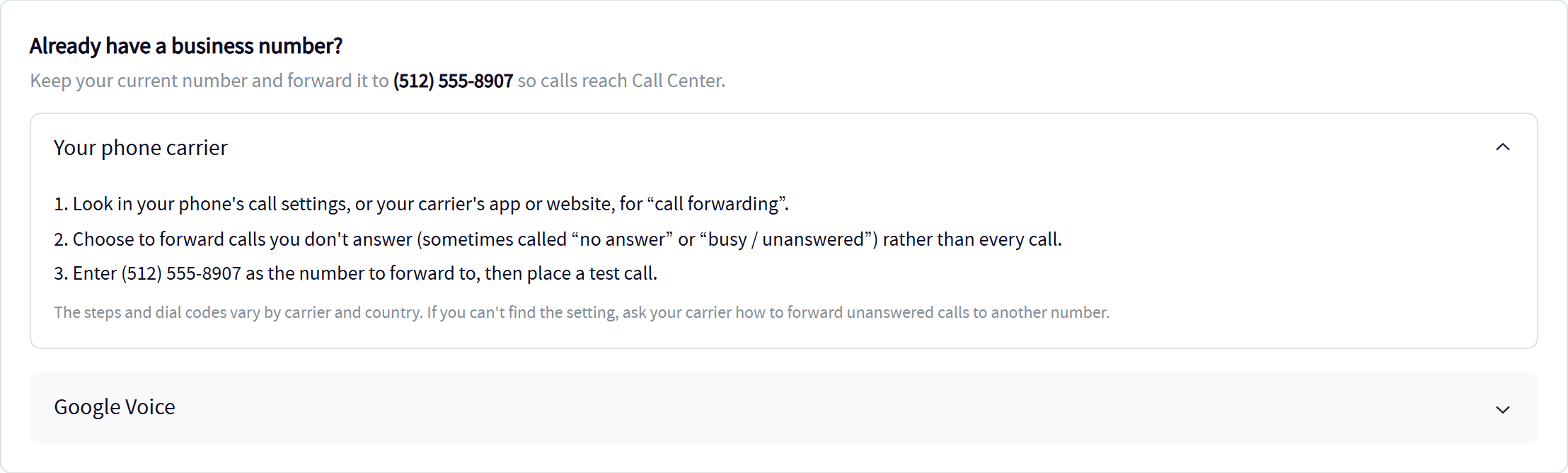 Instructions in Servgrow for forwarding an existing business number to Call Center