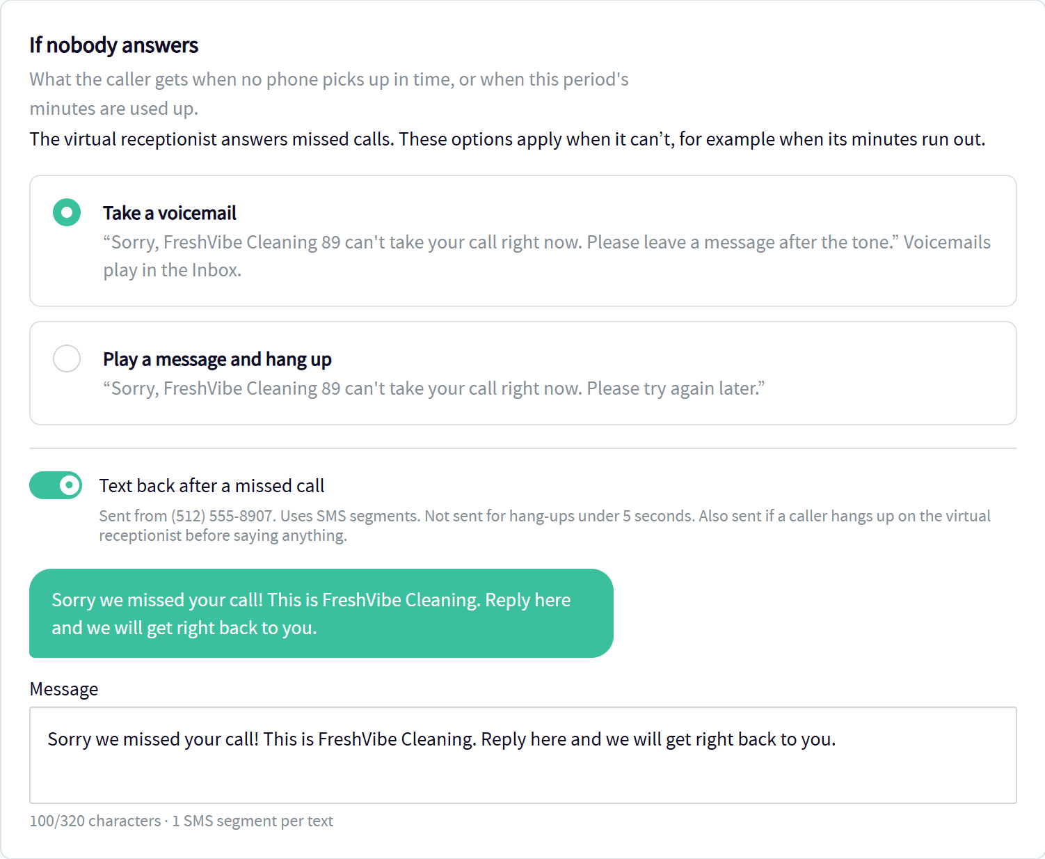 Servgrow Call Center set to take a voicemail when nobody answers, with a text back after every missed call
