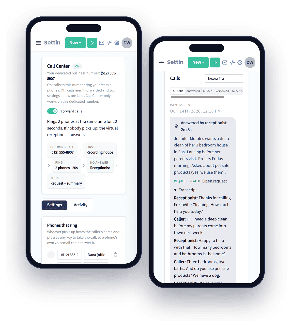 Servgrow Call Center on two phones: the call flow from the business number to the AI receptionist, and a call it answered with a summary, a new request and the transcript