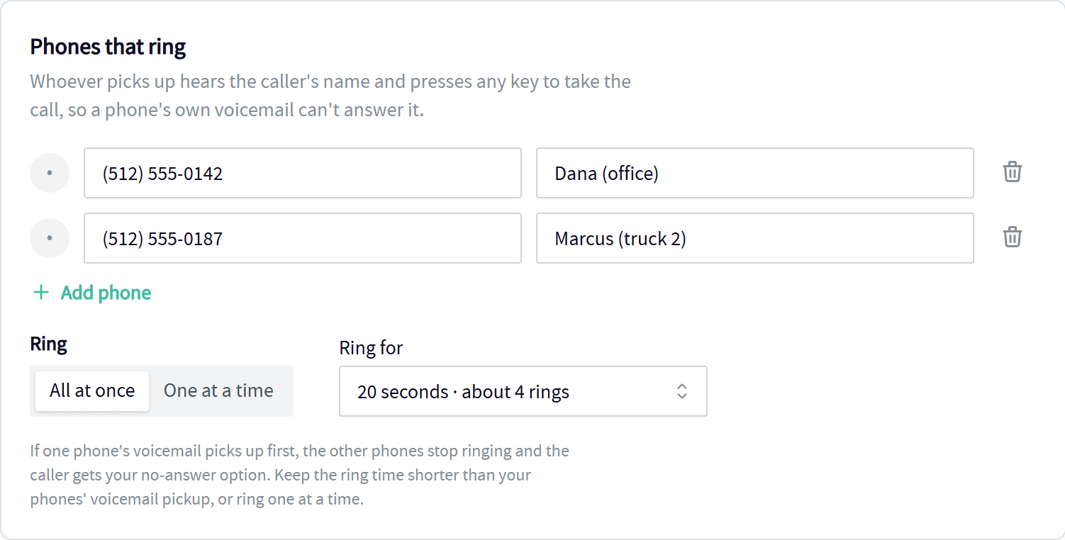 Phones that ring in Servgrow Call Center: the office and a crew lead's phone, ringing all at once for 20 seconds