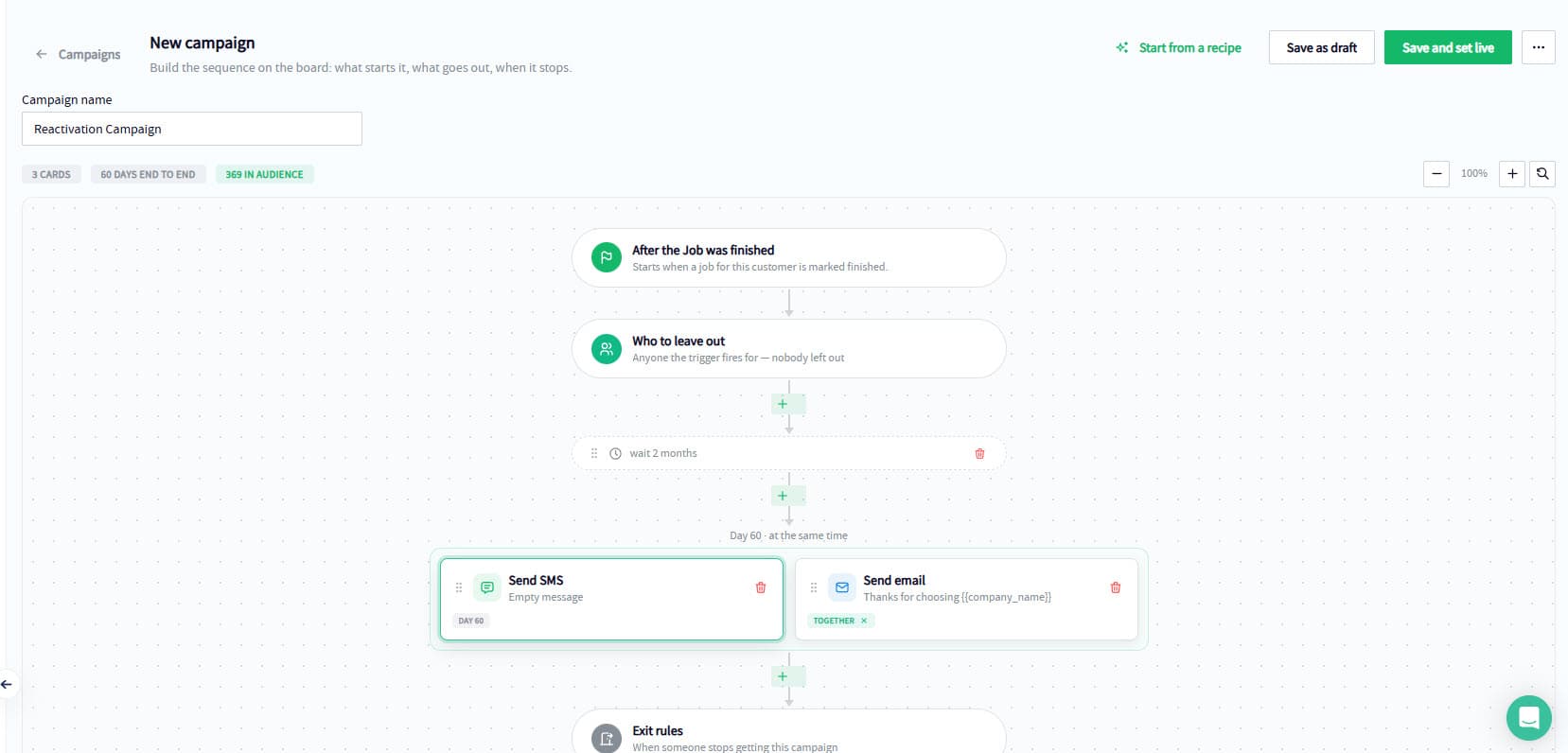 A reactivation campaign on the Servgrow board: trigger, audience, a wait, then text and email sent together