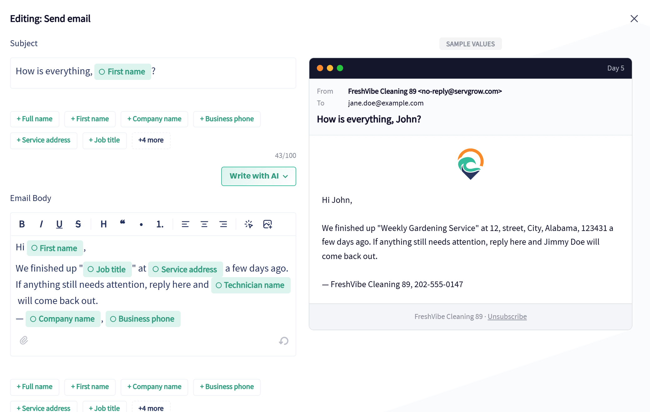 The Servgrow email editor with Write with AI, personalization fields, rich text tools and a live preview