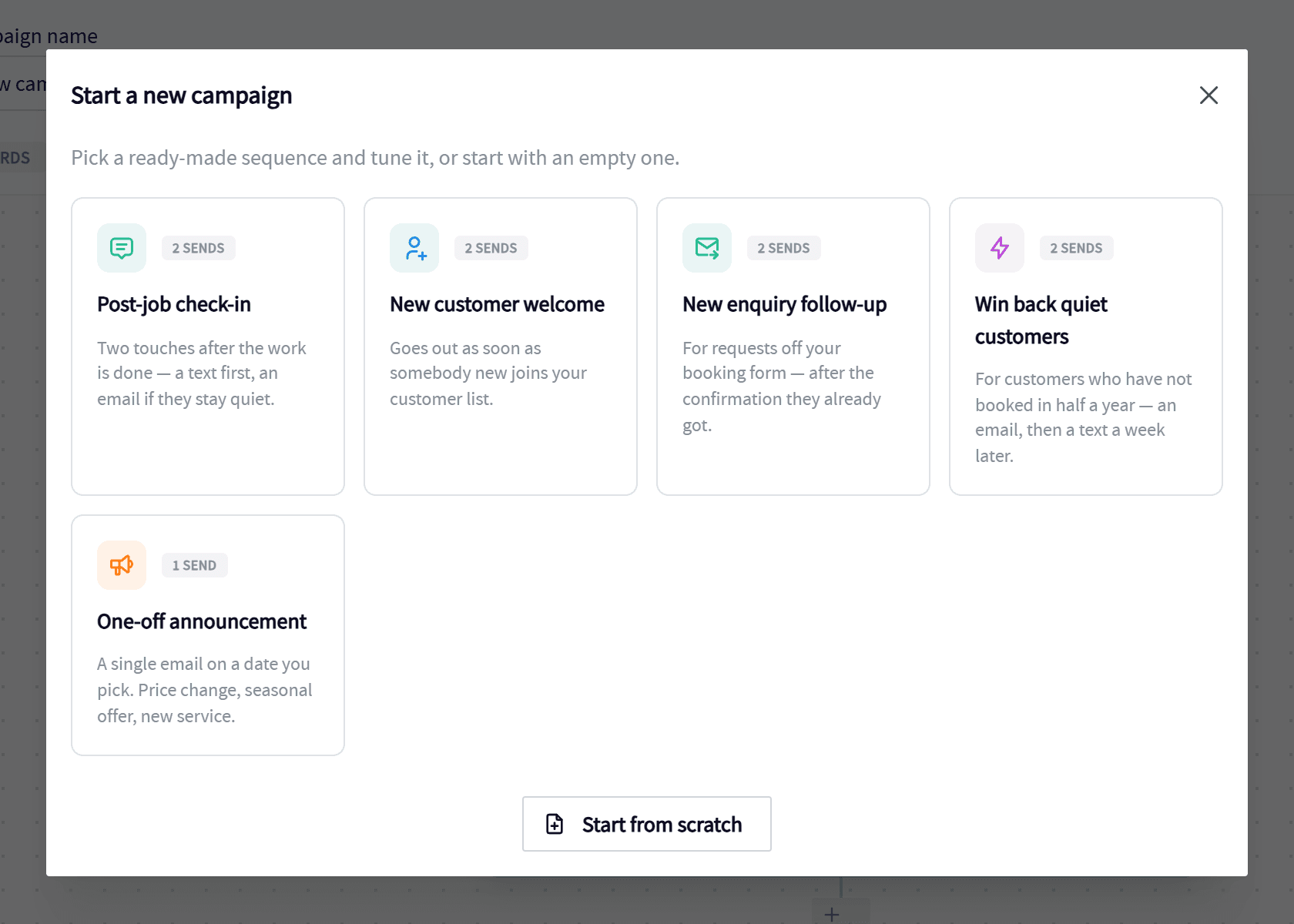 Ready-made campaign recipes in Servgrow, including Win back quiet customers