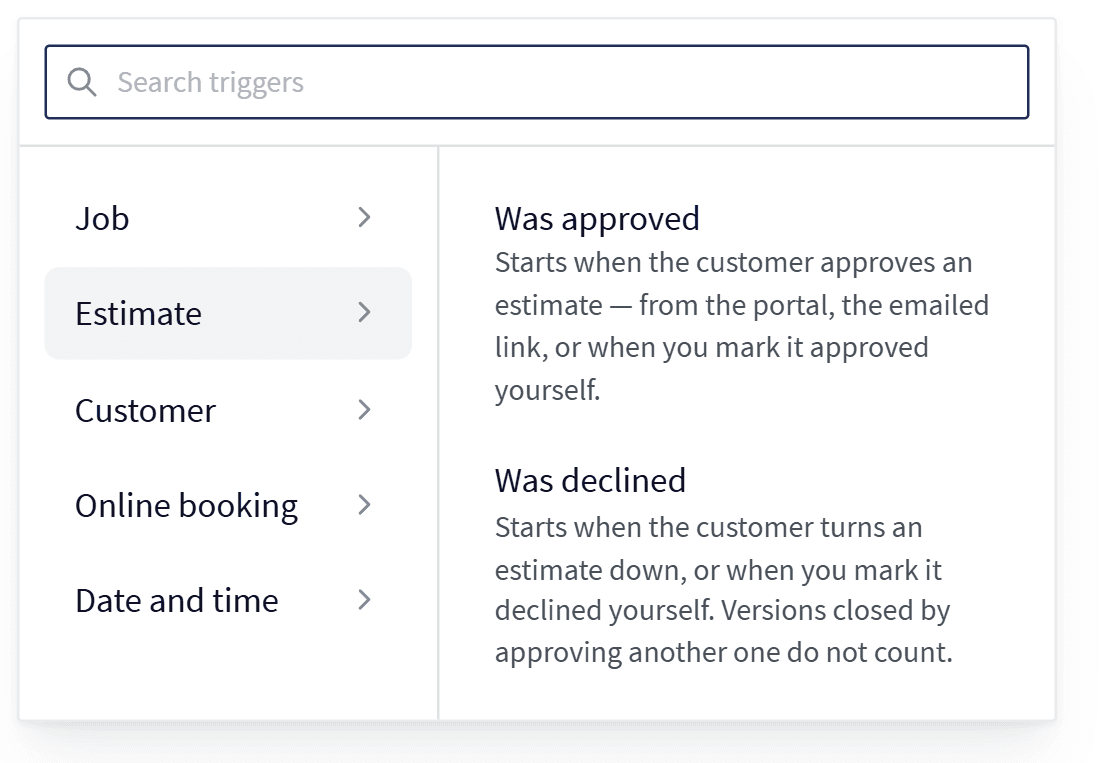 Choosing what starts a Servgrow campaign: job, estimate, customer, online booking and date triggers