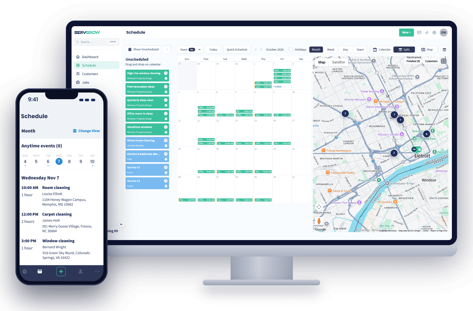 The Servgrow schedule in month view beside a map of the jobs, with unscheduled work ready to drag on, and the Servgrow mobile app on a phone