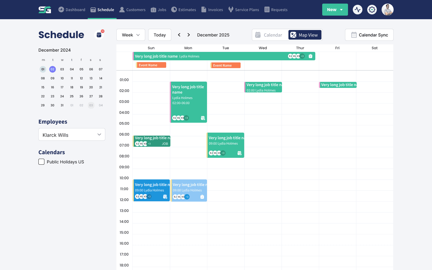 The Servgrow schedule board with color coded jobs and the assigned crew on each one