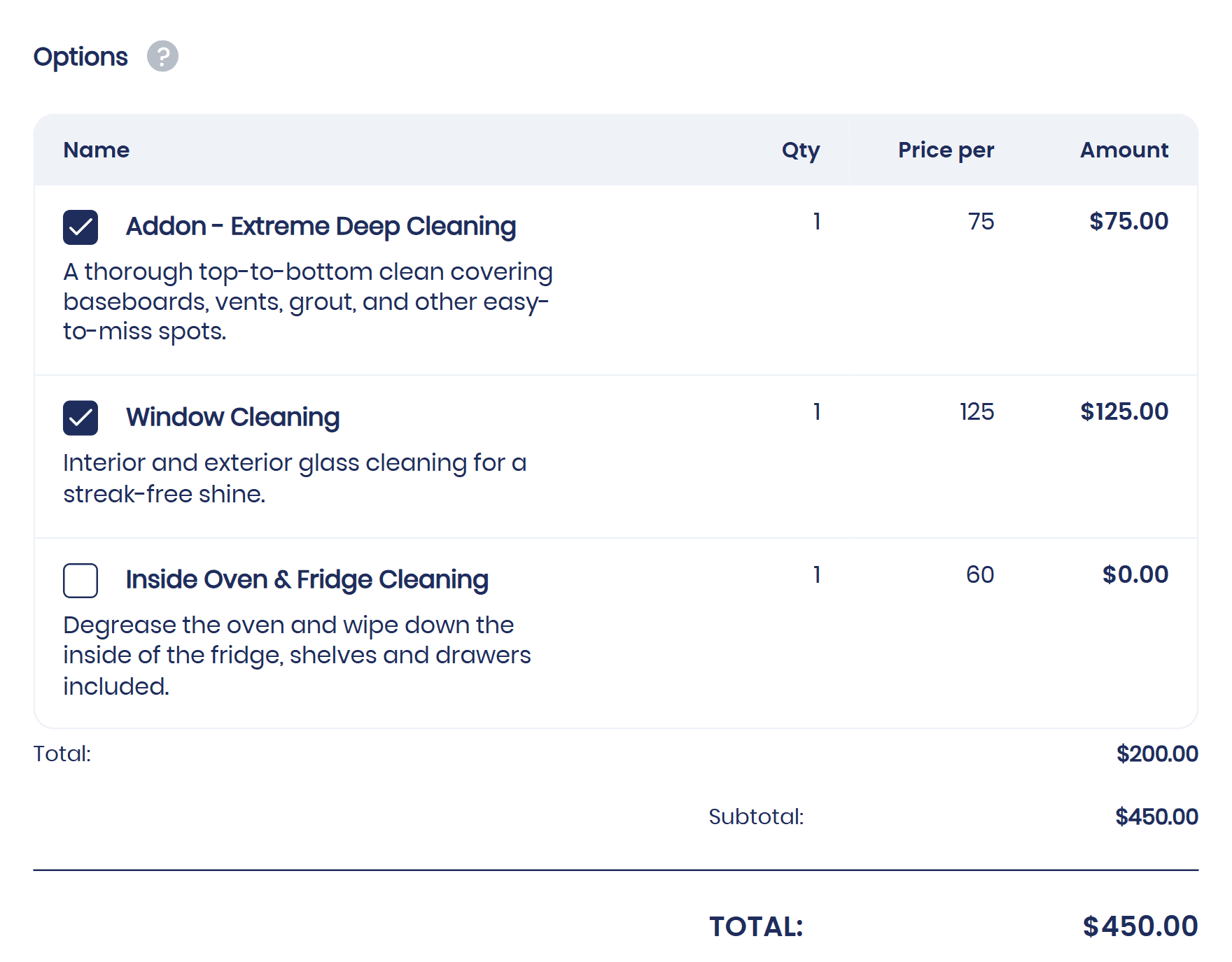 The customer ticking optional add-ons on a Servgrow estimate, with the total updating to match