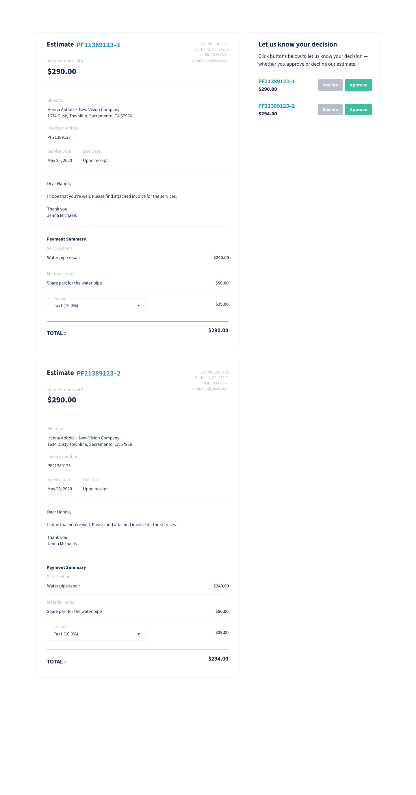 The customer view of an estimate with two priced options to approve or decline