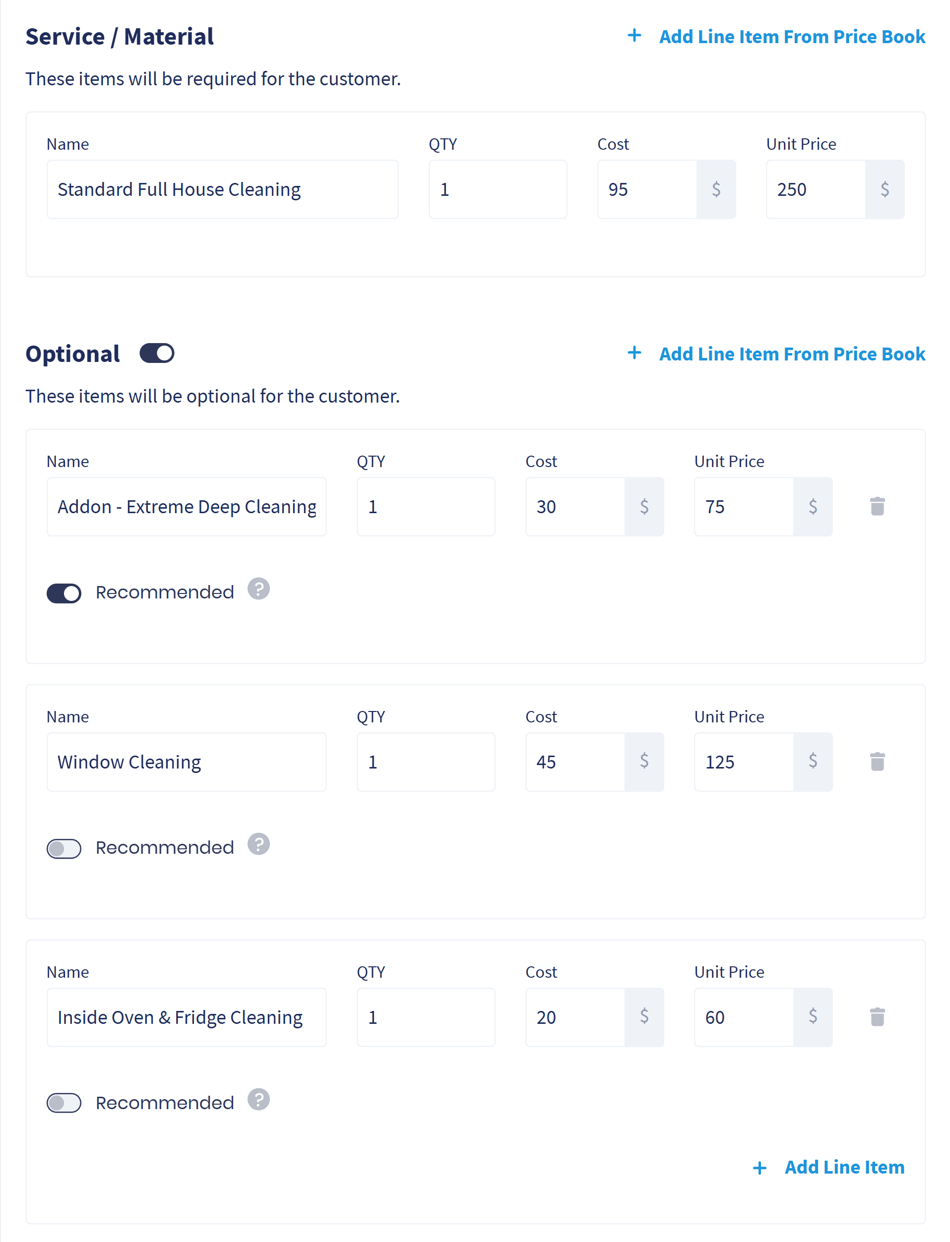 A well water services estimate in Servgrow with optional add-ons the customer can pick, one marked Recommended