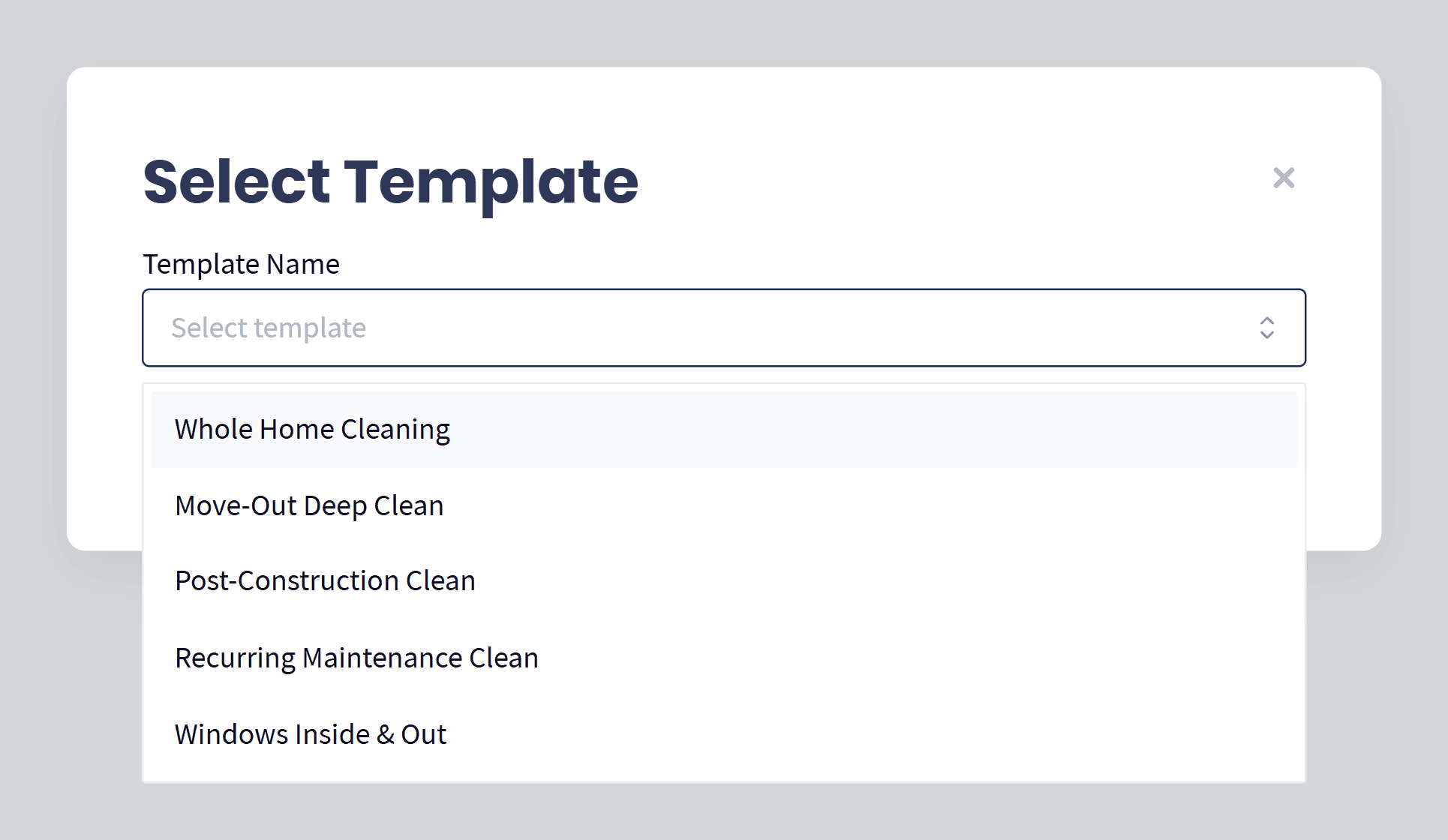 Starting a new Servgrow estimate from a template, with Whole Home Cleaning, Move-Out Deep Clean, Post-Construction Clean, Recurring Maintenance Clean and Windows Inside & Out to pick from