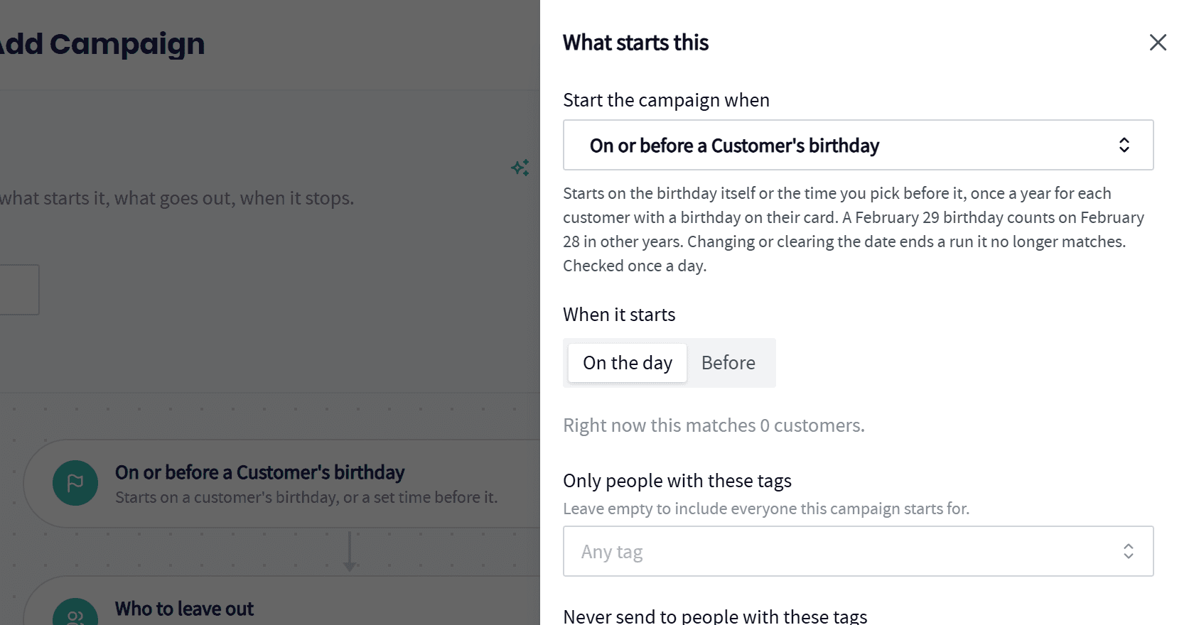 A Servgrow birthday campaign that starts on the day or a set time before each customer's birthday