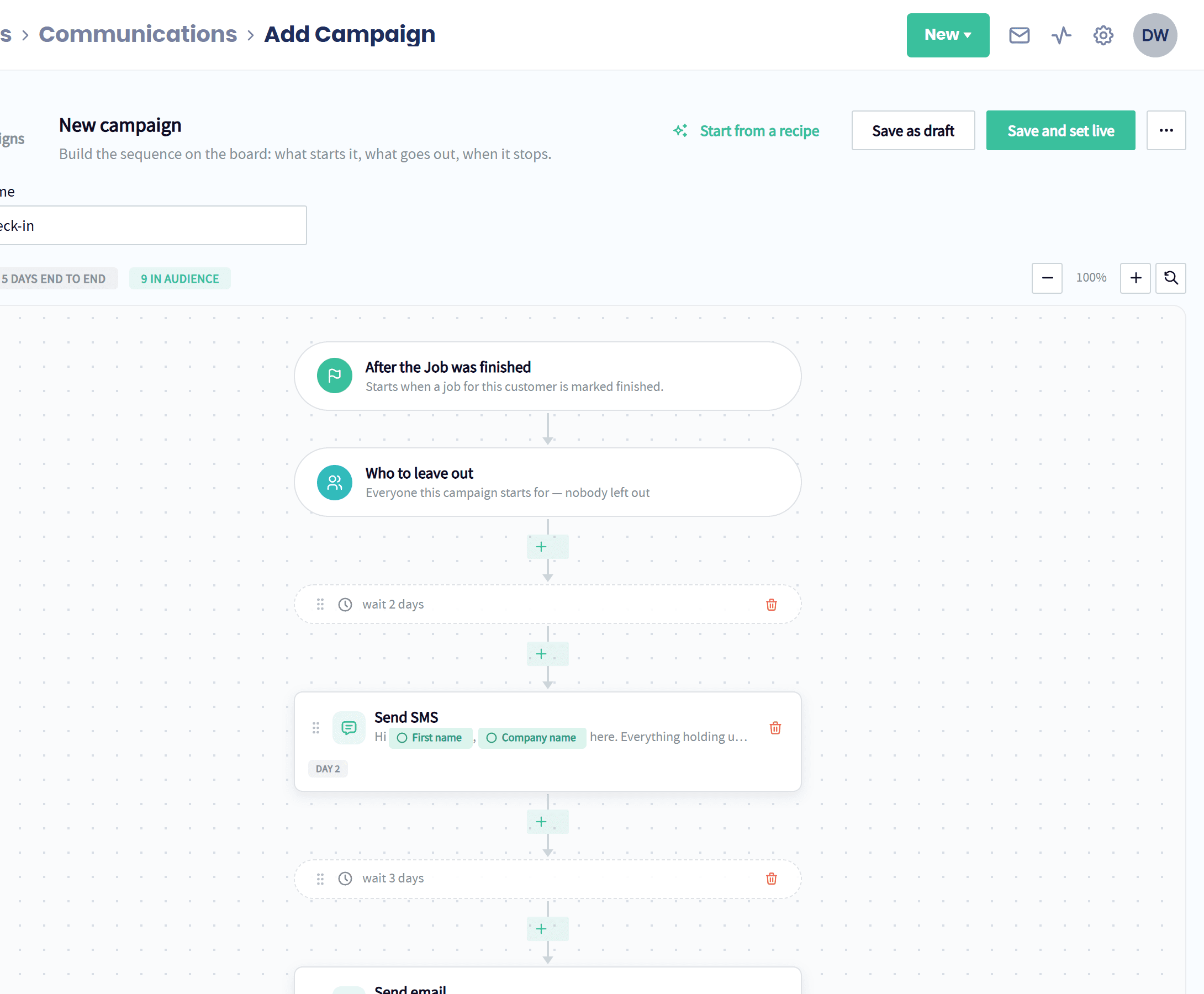 A post-job check-in in Servgrow: when a job is finished, wait two days, send a text, wait three days, send an email