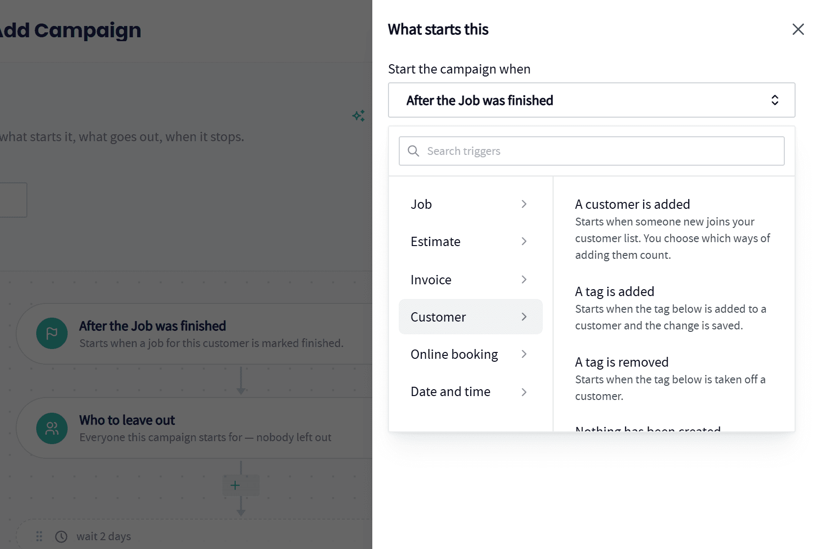 The Servgrow campaign trigger picker, grouped by Job, Estimate, Invoice, Customer, Online booking and Date and time