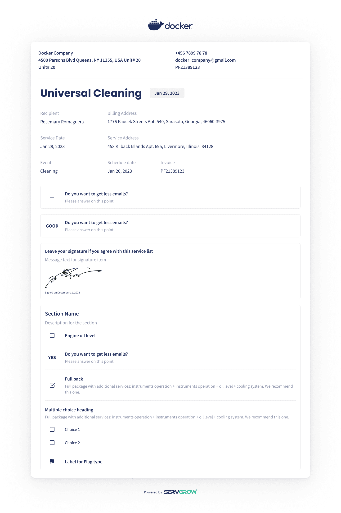 A completed form as the customer views it online