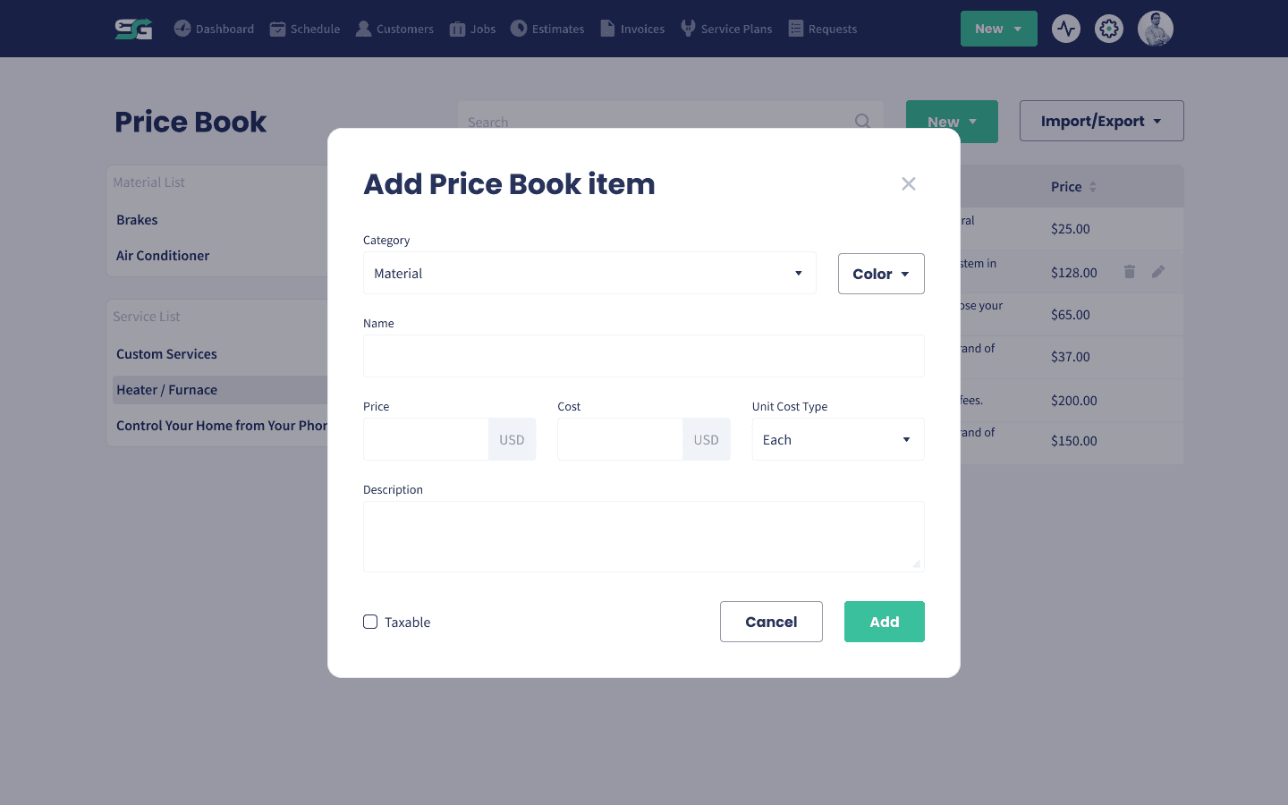 Adding an item to the price book