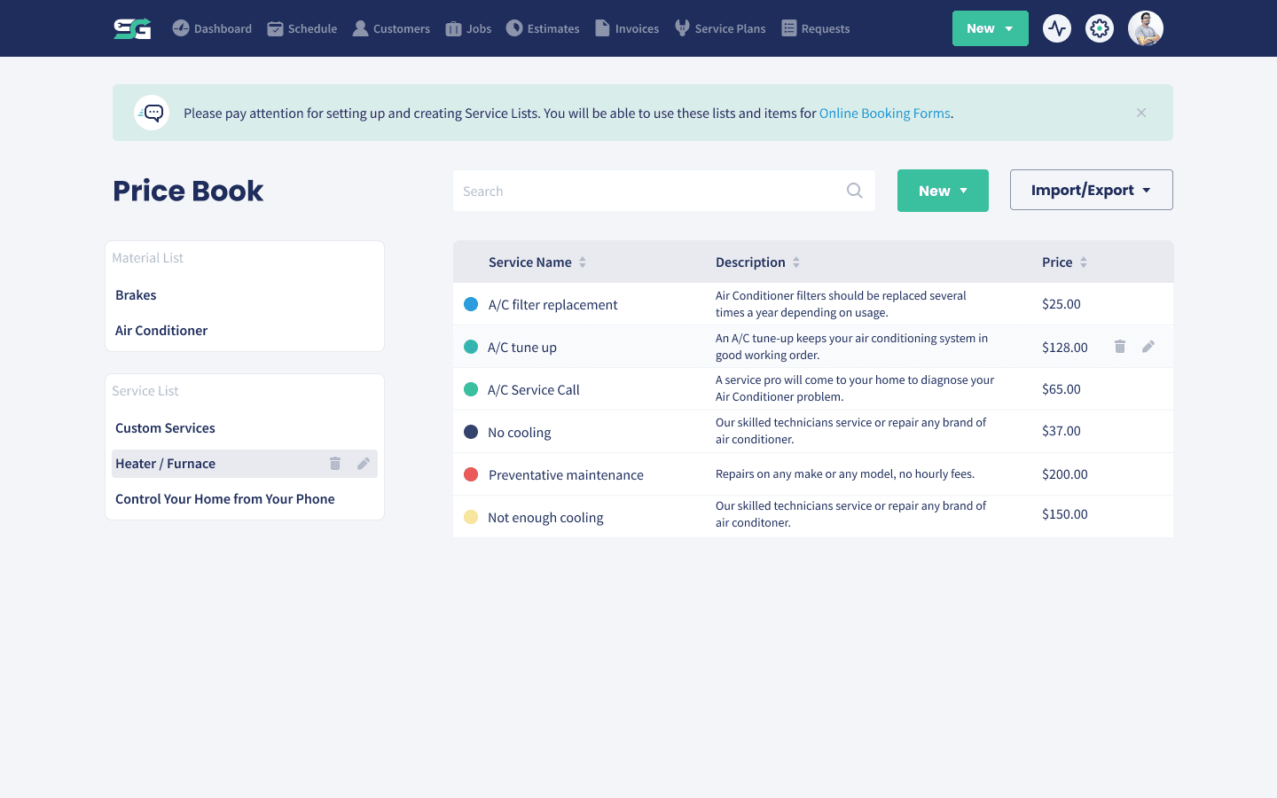 The Servgrow price book with service and material lists