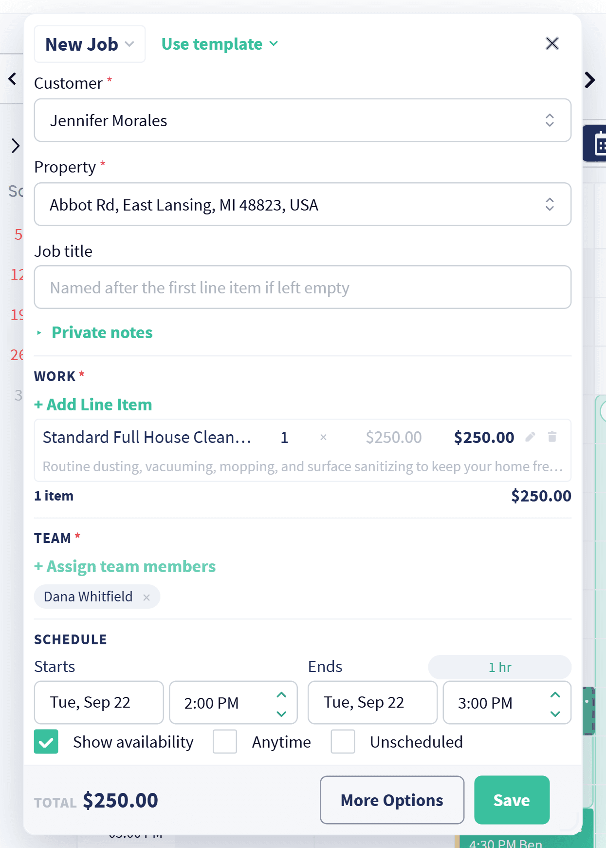 The Quick Schedule window on the Servgrow calendar: customer, property, line items, the assigned tech and the time slot
