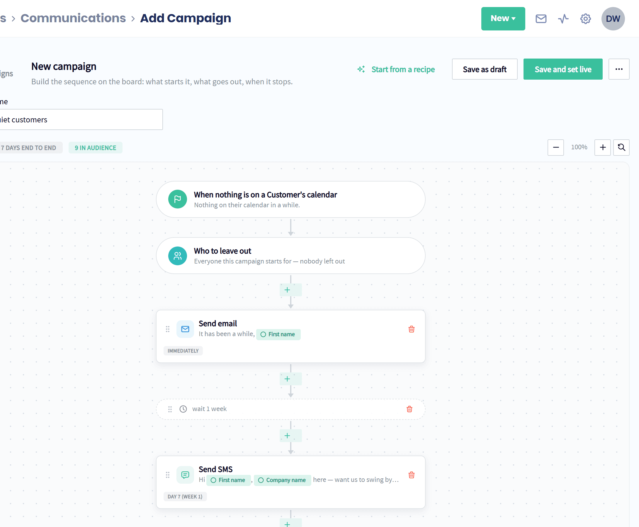 A win-back campaign in Servgrow: when nothing is on a customer's calendar, send an email, wait a week, then send a text