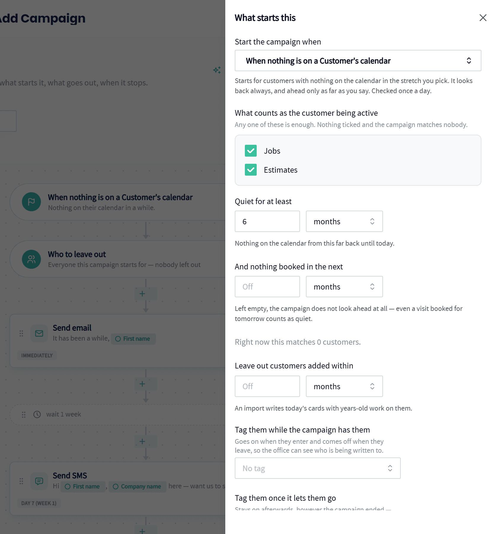 Customer Reactivation settings in Servgrow: quiet for at least 6 months, counting jobs and estimates, skipping anyone already booked