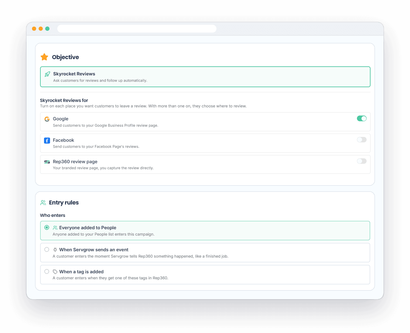 A Servgrow review campaign sending customers to Google, Facebook or a branded review page, started the moment Servgrow reports a finished job