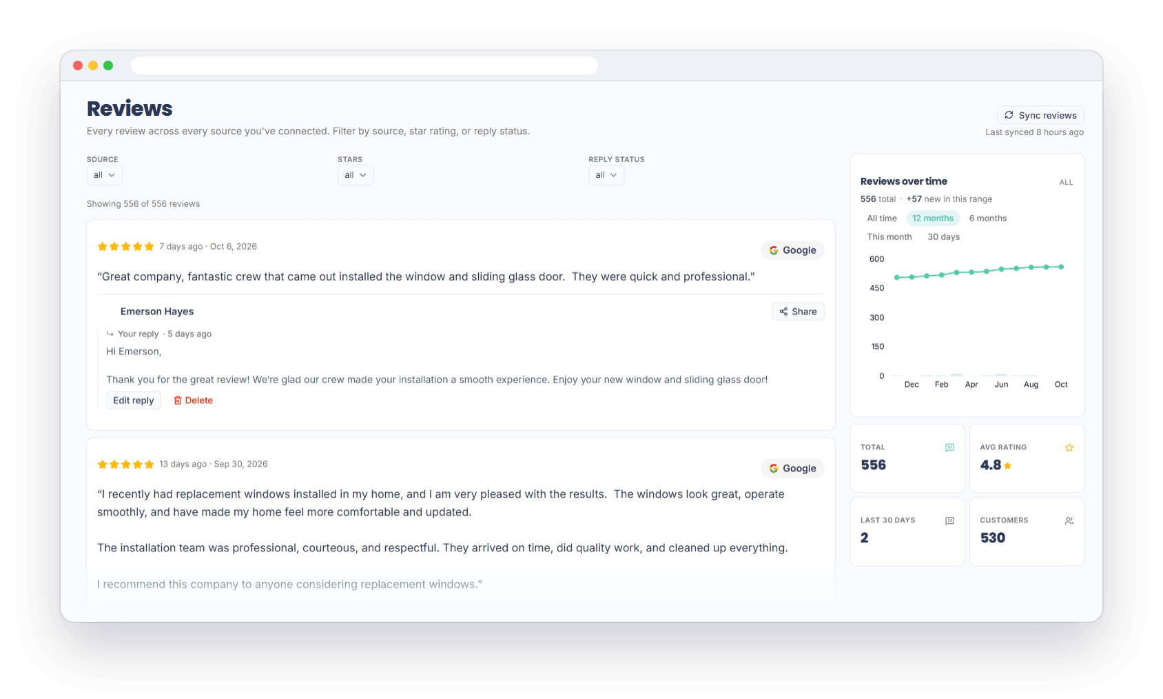 Servgrow Reviews for Affordable Windows of AZ: 556 reviews averaging 4.8 stars, with replies and a 12-month growth chart