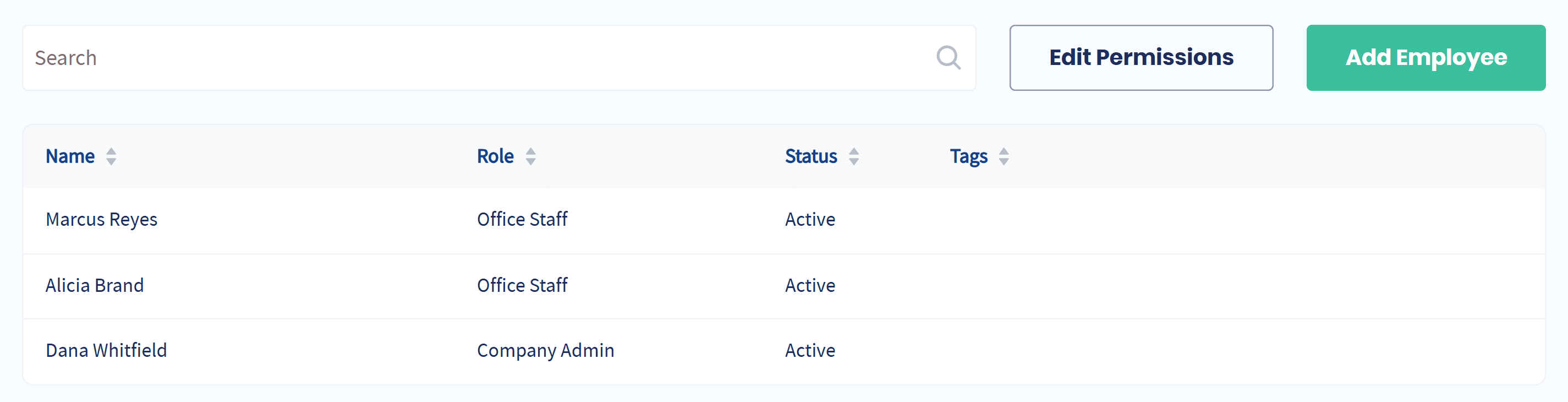 The Servgrow employee list showing each person with their role